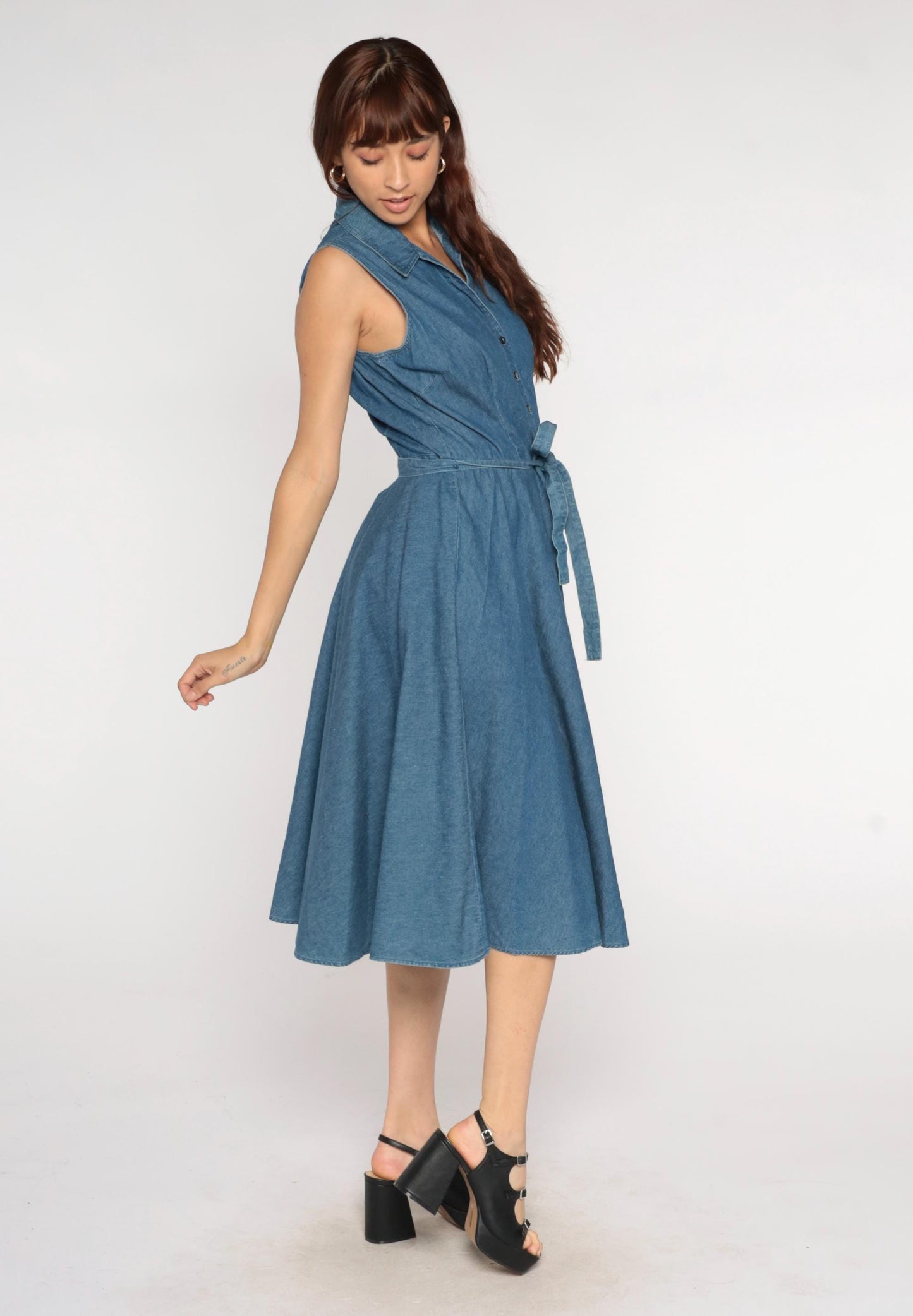 Y2K Denim Midi Dress Blue Chambray Sleeveless Collared Tie Waist Large L