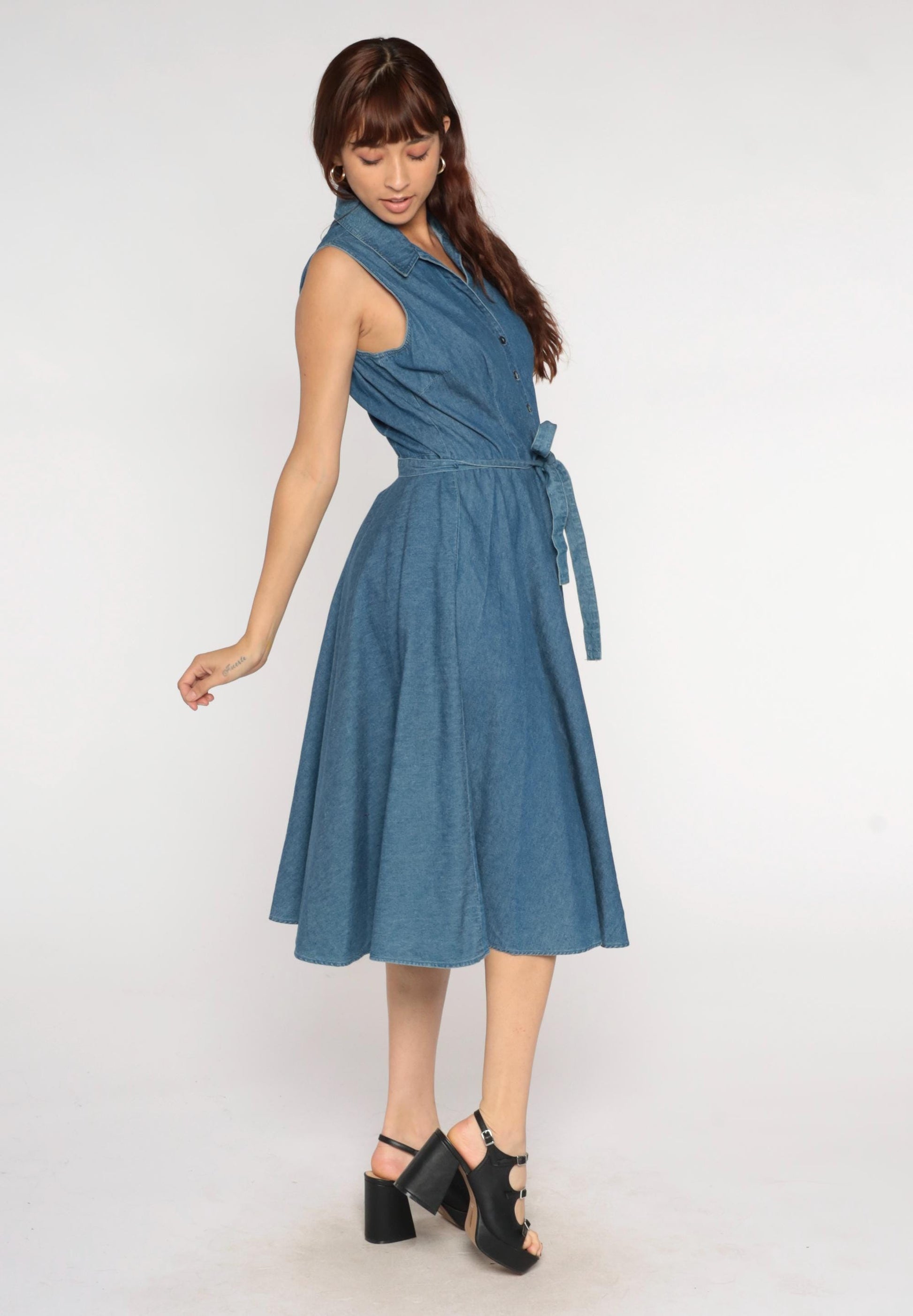 Y2K Denim Midi Dress Blue Chambray Sleeveless Collared Tie Waist Large L
