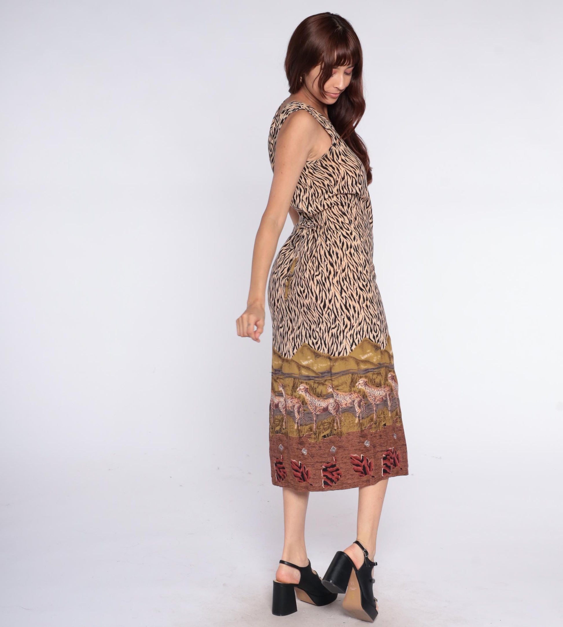 90s California Krush Safari Cheetah Midi Dress Animal Print Cream Medium