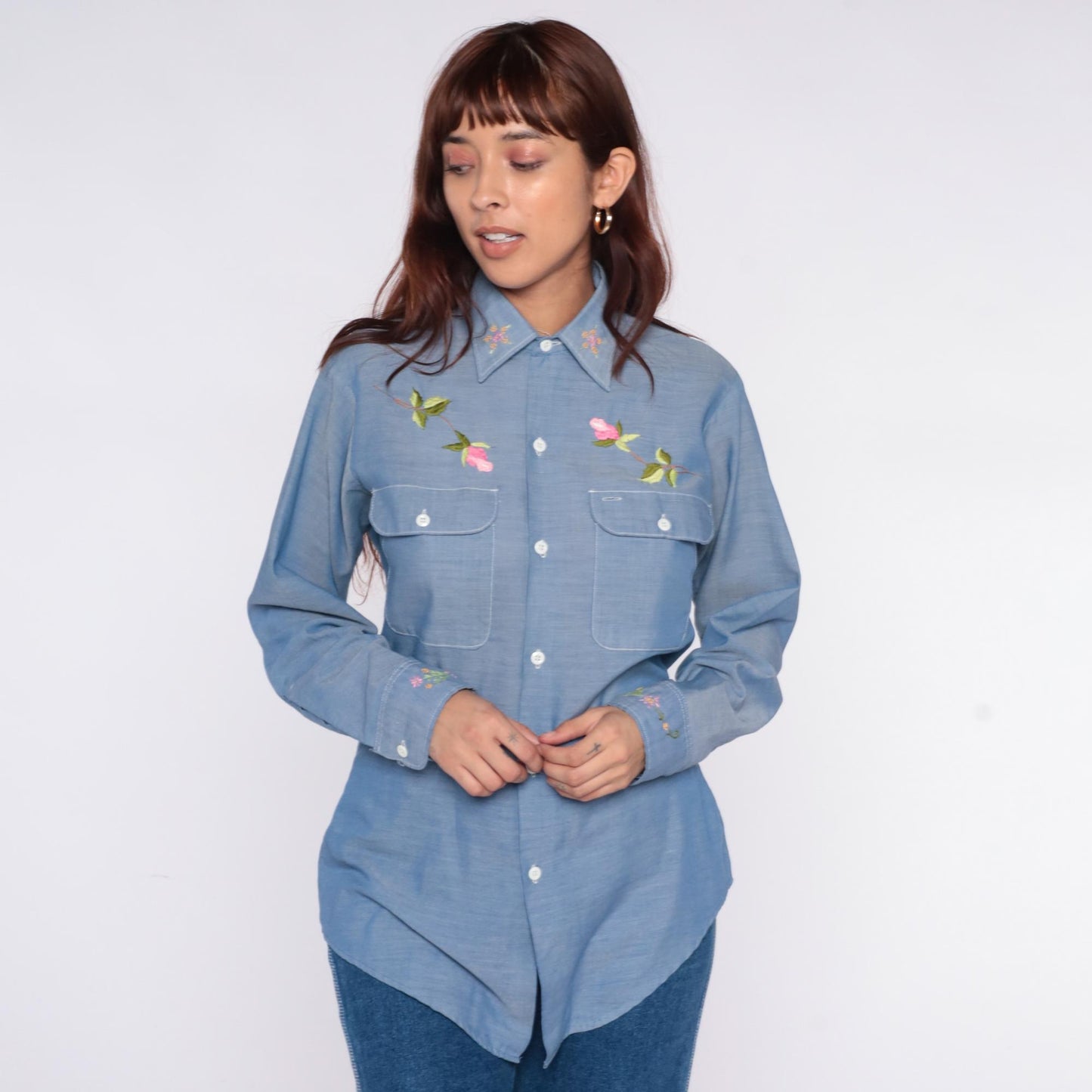 70s JCPenney Chambray Shirt Embroidered Roses Button Front Small