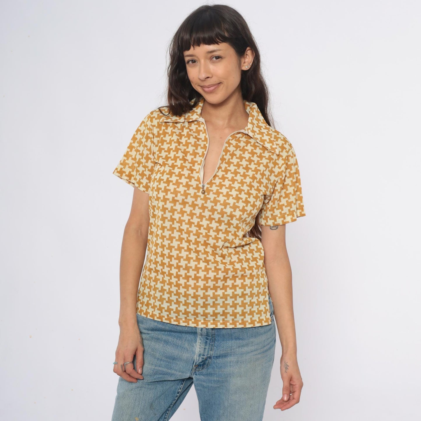 70s Houndstooth Polo Zip Front Collared Shirt Yellow Cream Geometric Extra Small