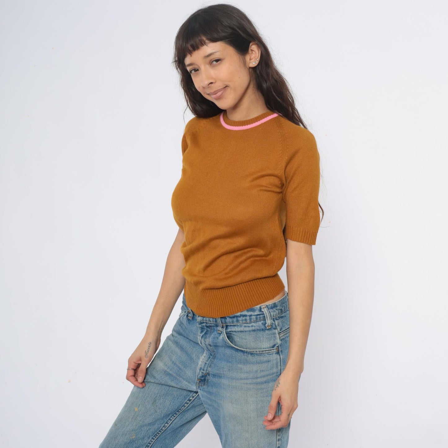 70s Filly Fashion Mustard Knit Sweater Pink Trim Cropped Back Zip Small S