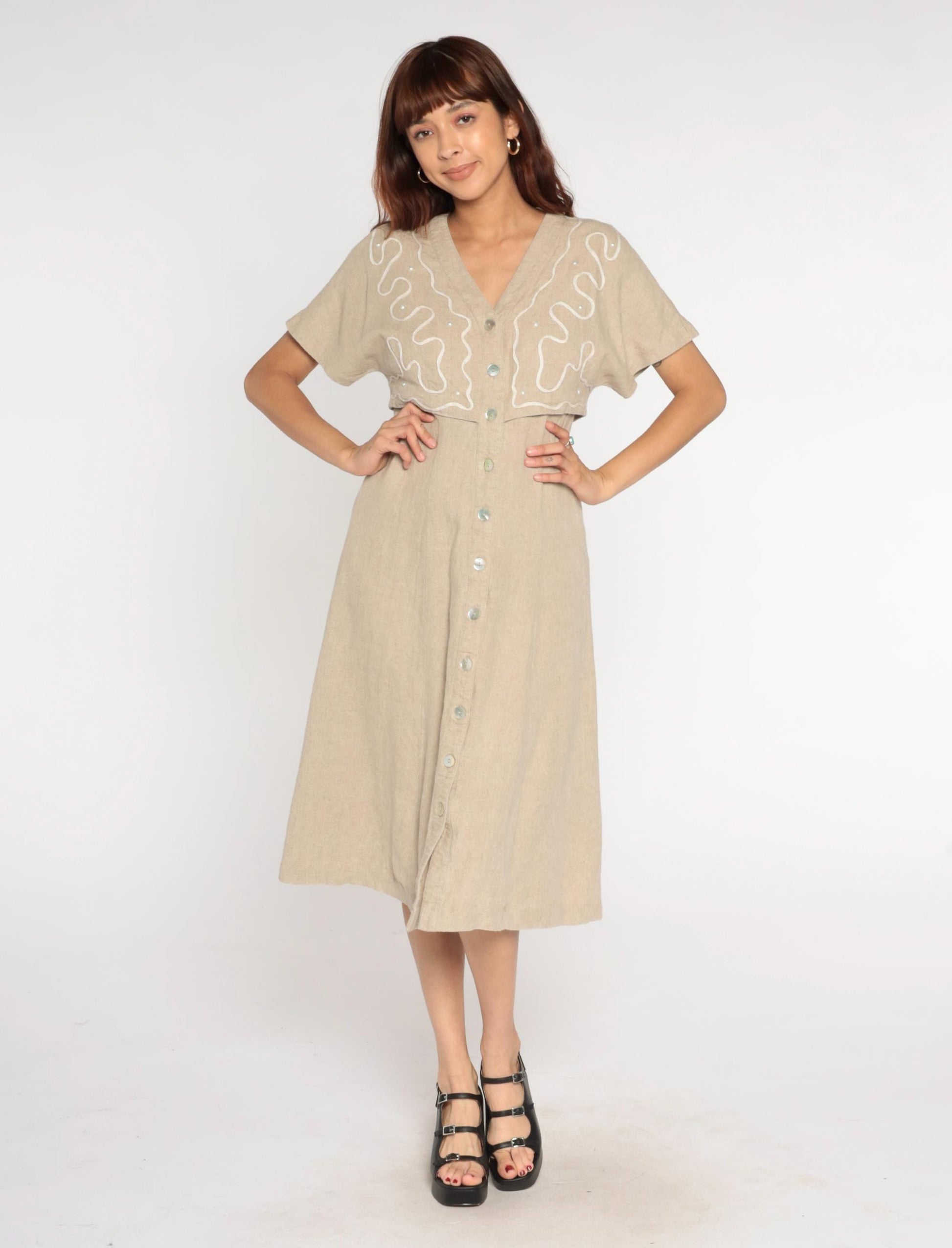 90s Miss Dorby Beige Linen Midi Dress Embroidered Sequin V-Neck Medium