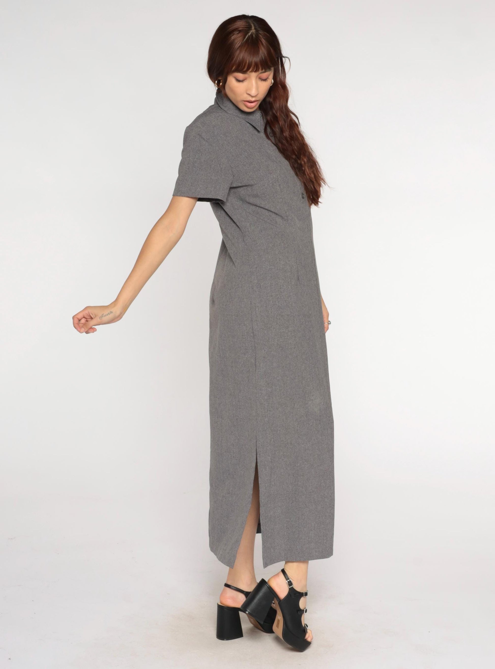 90s Grey Collared Shirt Dress Maxi Polyester Column Short Sleeve Large L