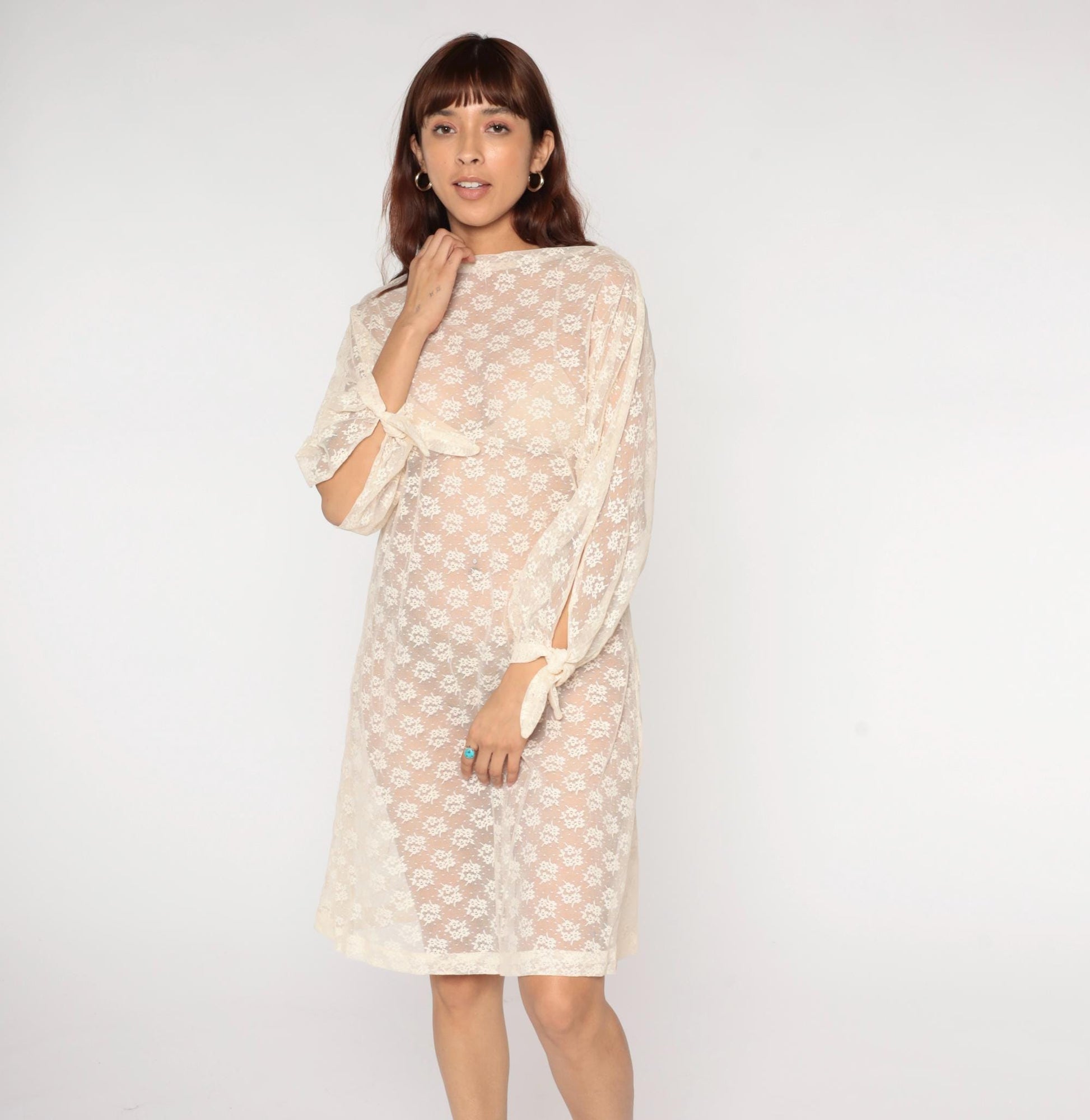 70s Cream Floral Lace Dress Knee Length Sheer Boat Neck Tie Cuff Small