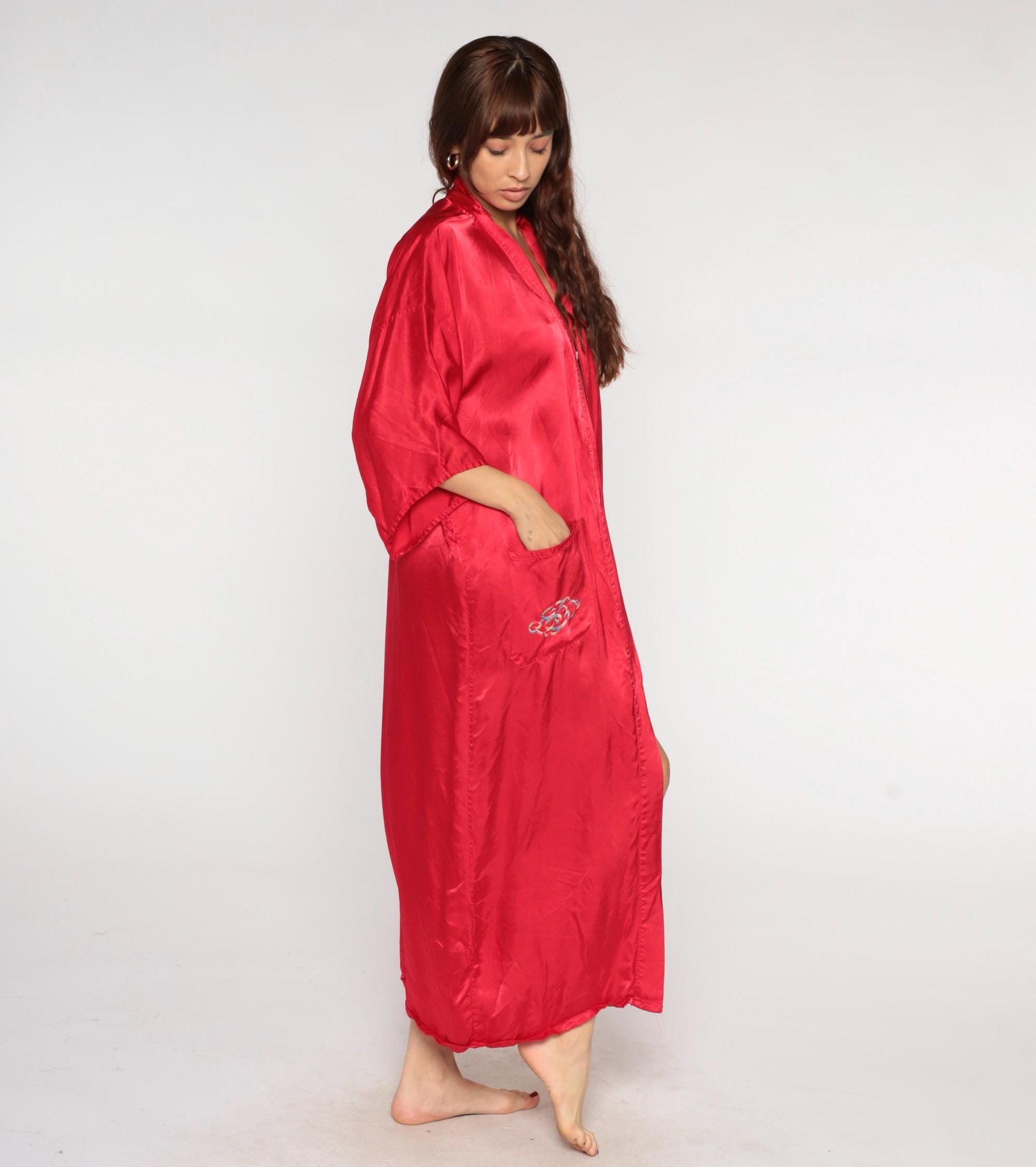 90s Red Satin Dragon Embroidered Kimono Robe Maxi Dressing Gown Extra Large XXL