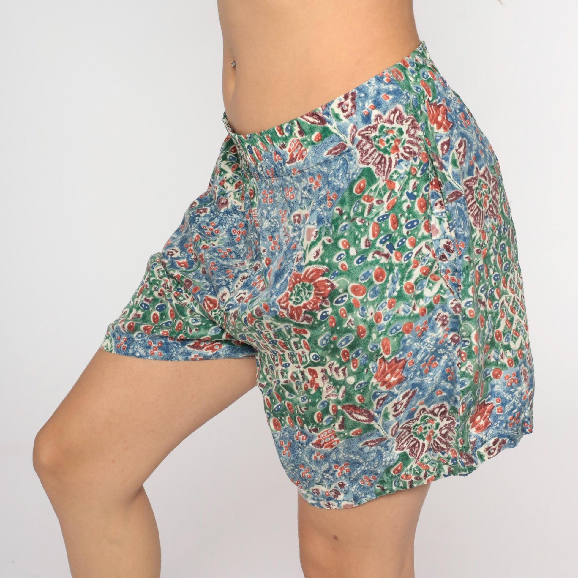Y2K Solutions Silk Shorts Floral Abstract Blue Green High Rise Medium M