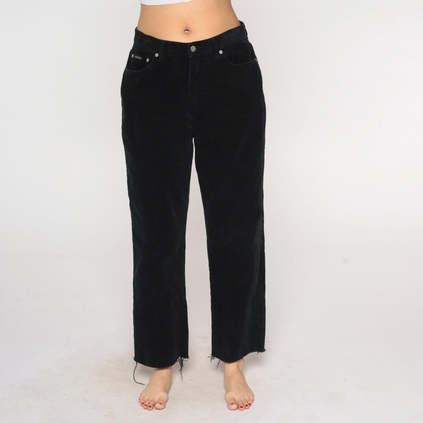90s Calvin Klein Black Corduroy Pants Wide Leg Raw Hem Large L