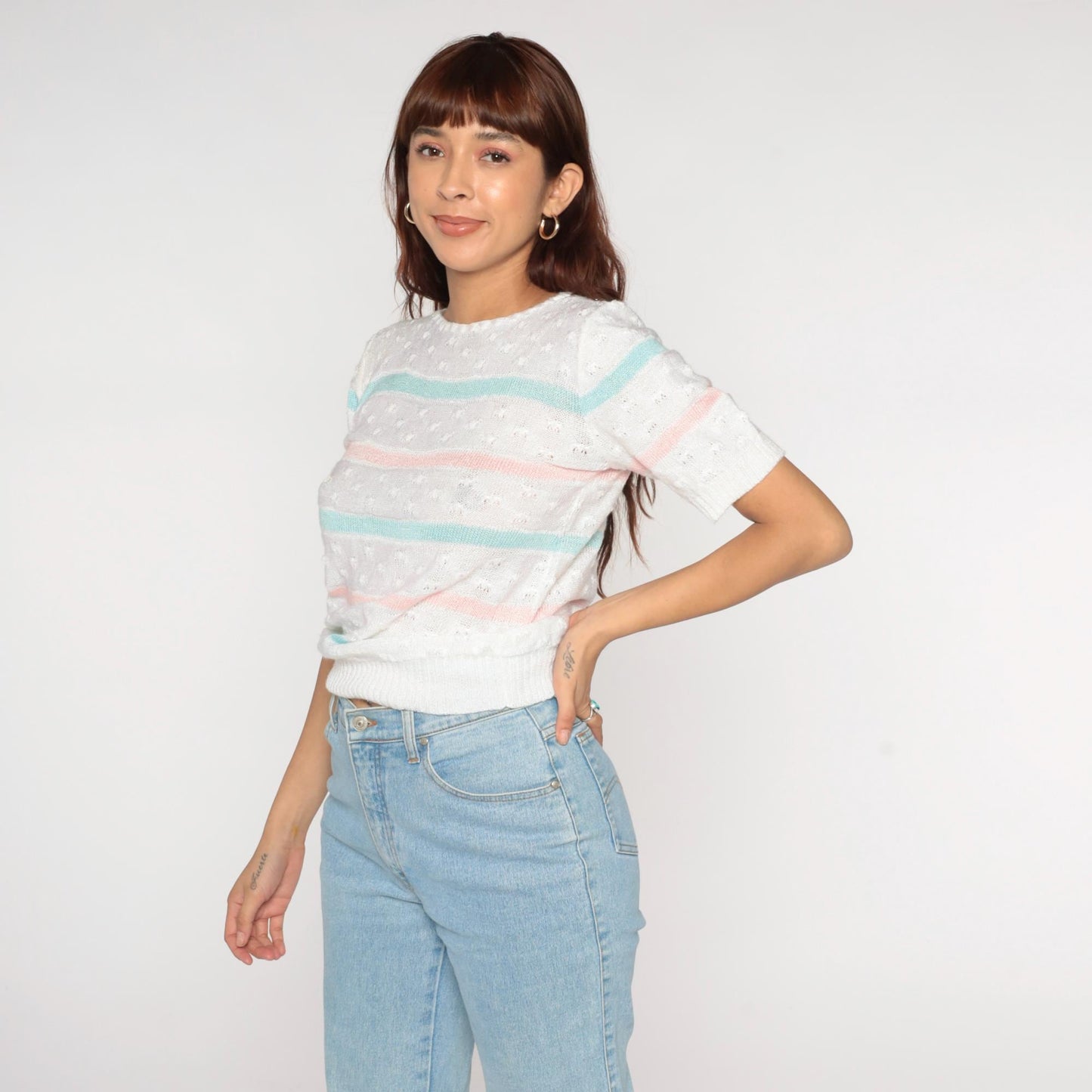 80s Billie Jo Striped Pointelle Knit Sweater Pink Blue Cream Small S