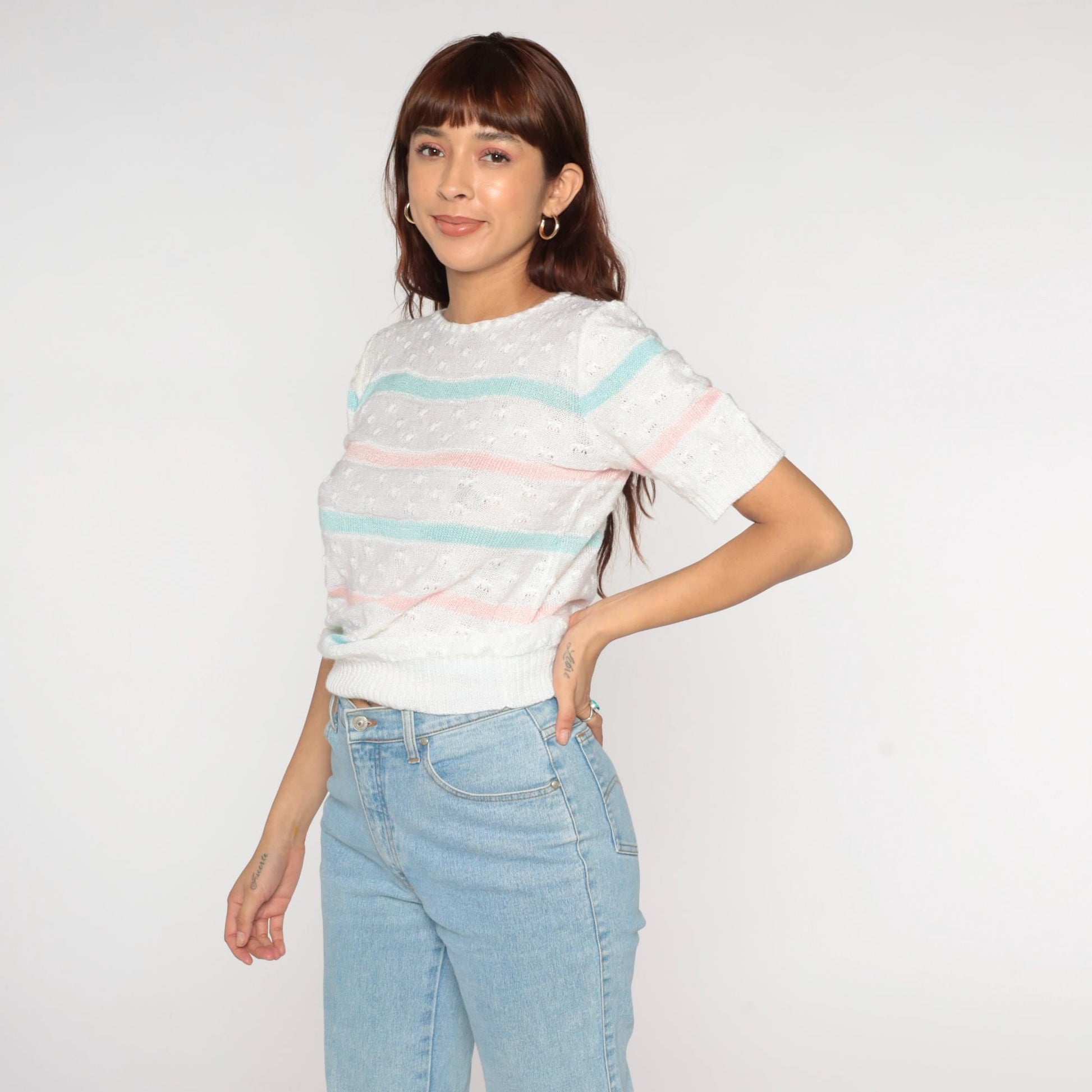 80s Billie Jo Striped Pointelle Knit Sweater Pink Blue Cream Small S