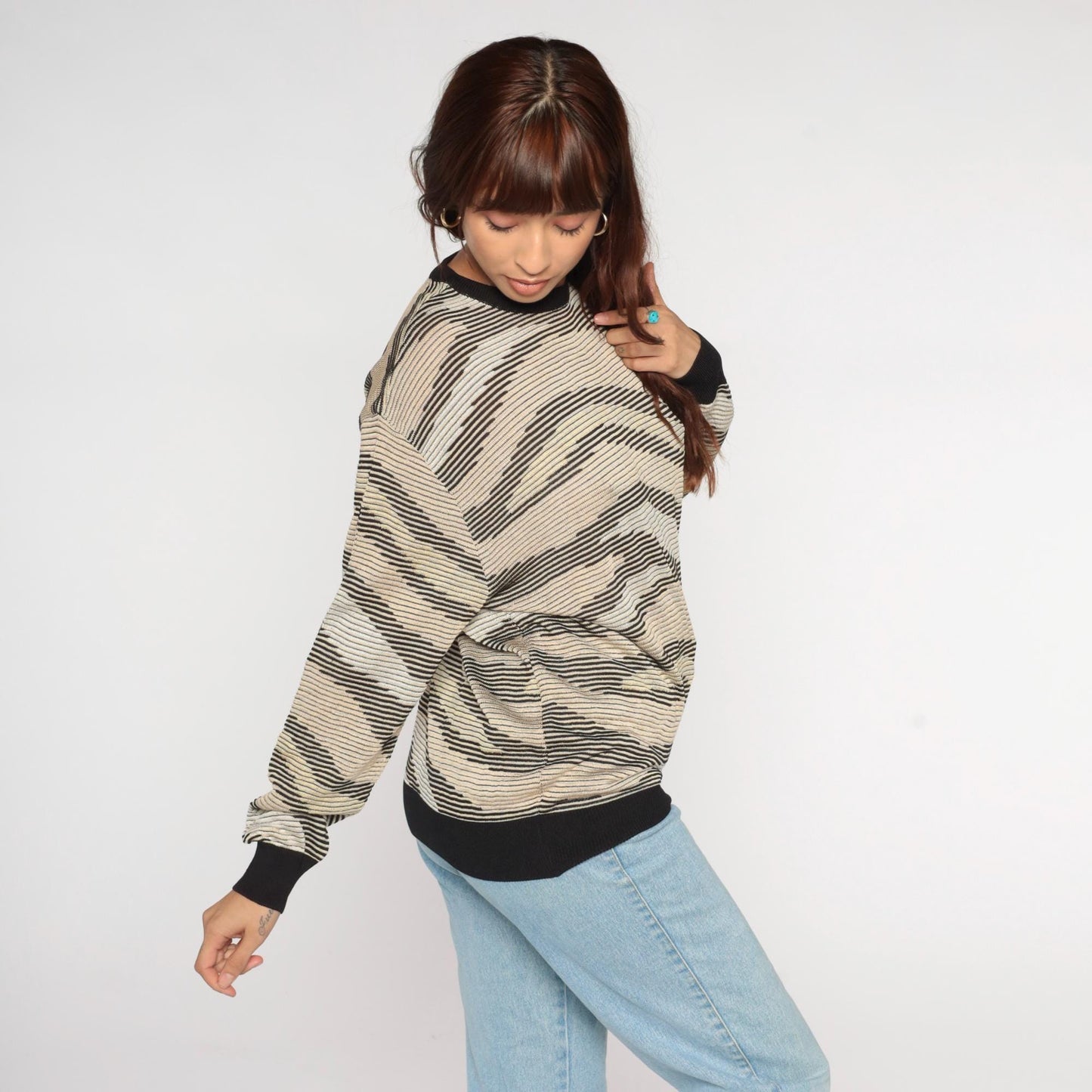 Y2K Aias Golf Striped Sweater Black Beige Cream Knit Pullover Medium M