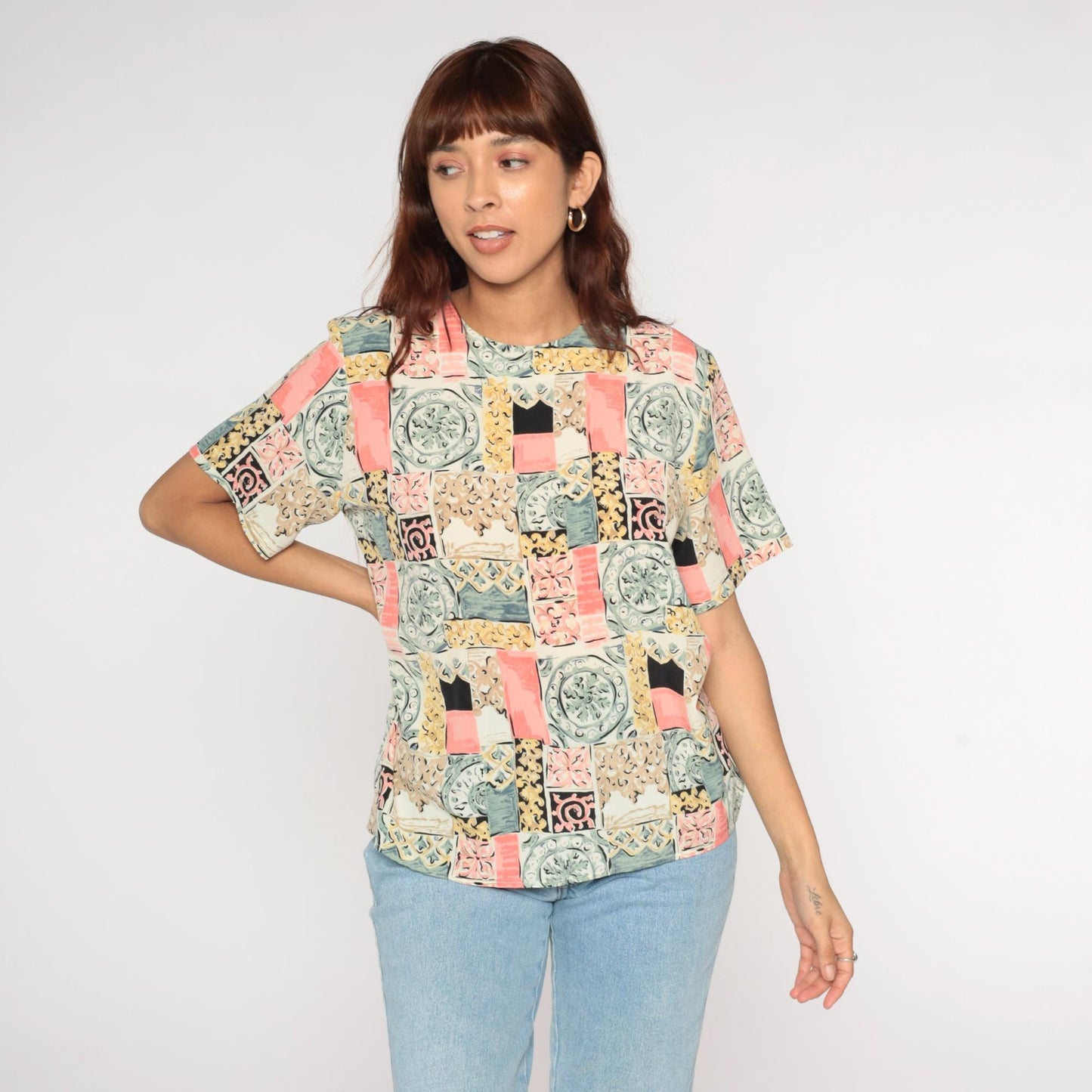 90s Patchwork Tile Print Blouse Pastel Geometric Short-Sleeve Large L