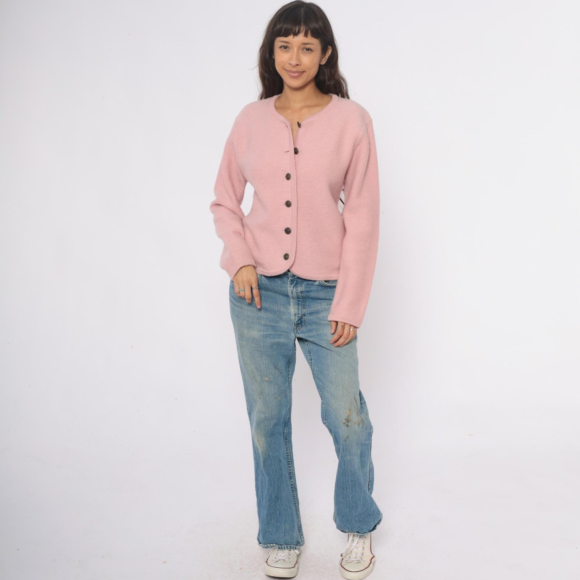 70s Tally Ho Wool Cardigan Pink V-Neck Button Front Medium