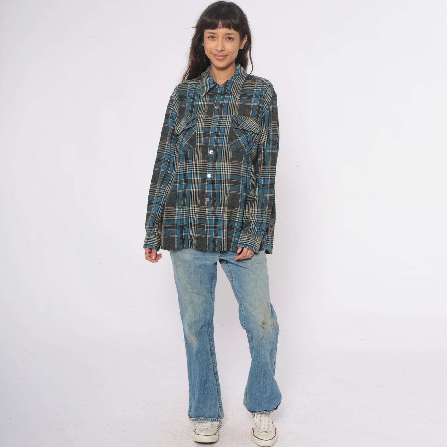 70s Towncraft Plaid Flannel Shirt Jacket Blue Grey Wool Large L