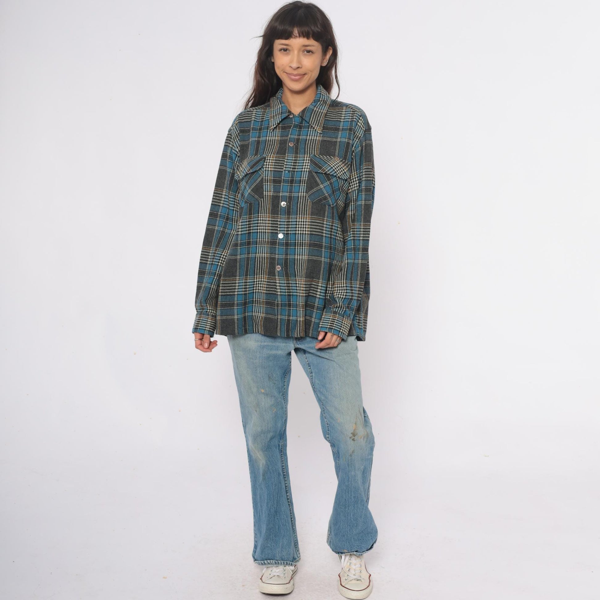 70s Towncraft Plaid Flannel Shirt Jacket Blue Grey Wool Large L
