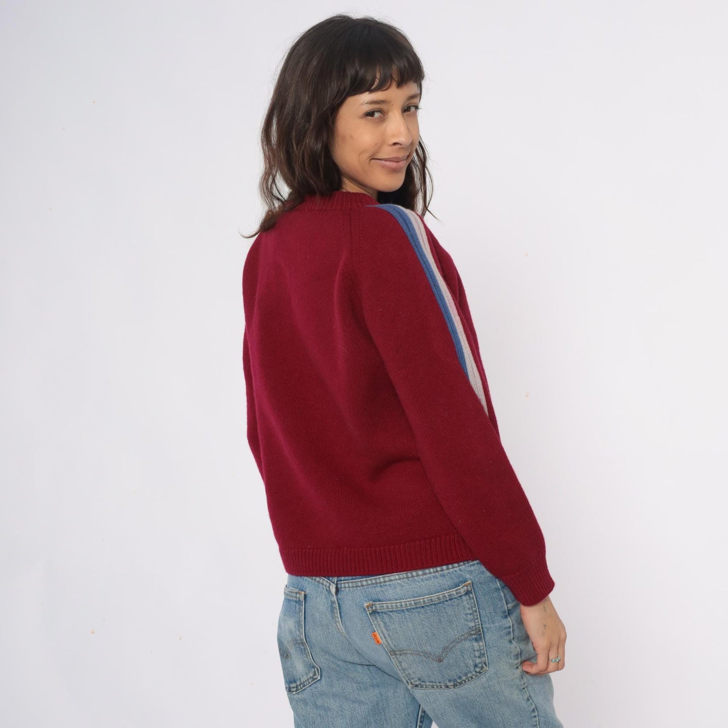 80s Cortina Burgundy Wool Sweater Stripe Raglan Crewneck Medium M