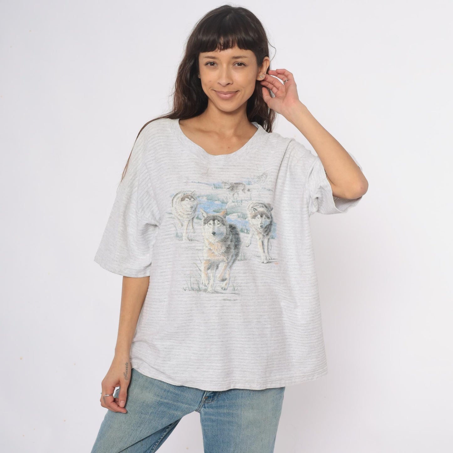 90s Wolf Graphic T-Shirt Grey Cotton V-Neck Animal Print Extra Large XL