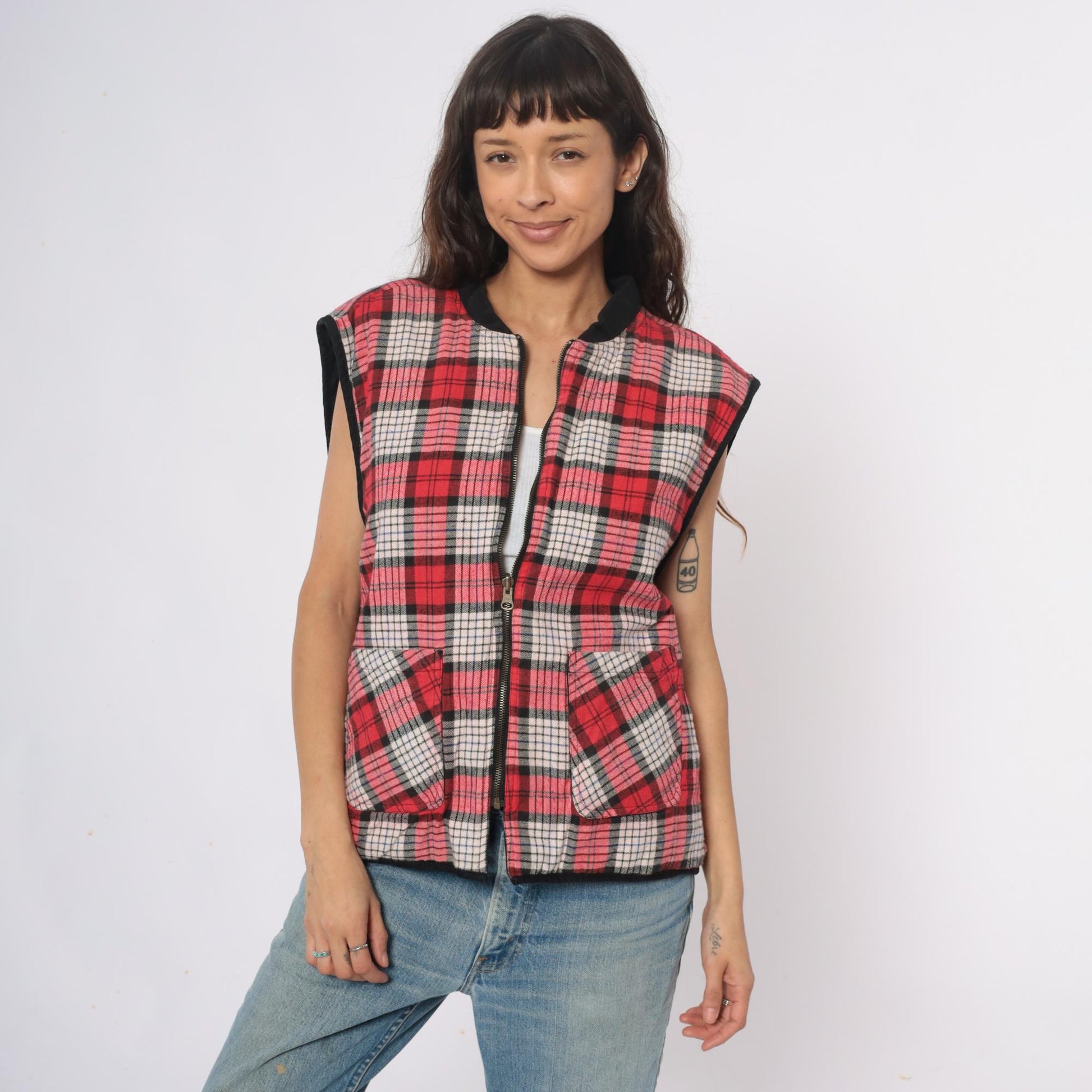 90s Marlboro Country Store Reversible Vest Black Plaid Cotton Large L