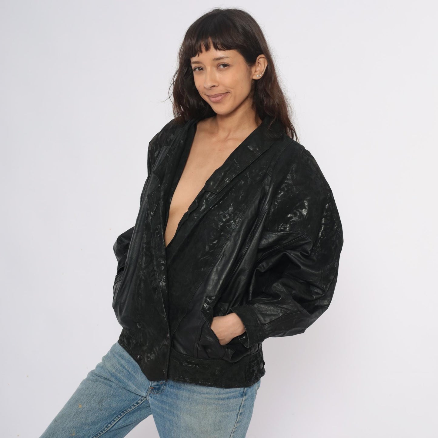90s Black Leather Bomber Jacket Embossed Shawl Collar Medium M