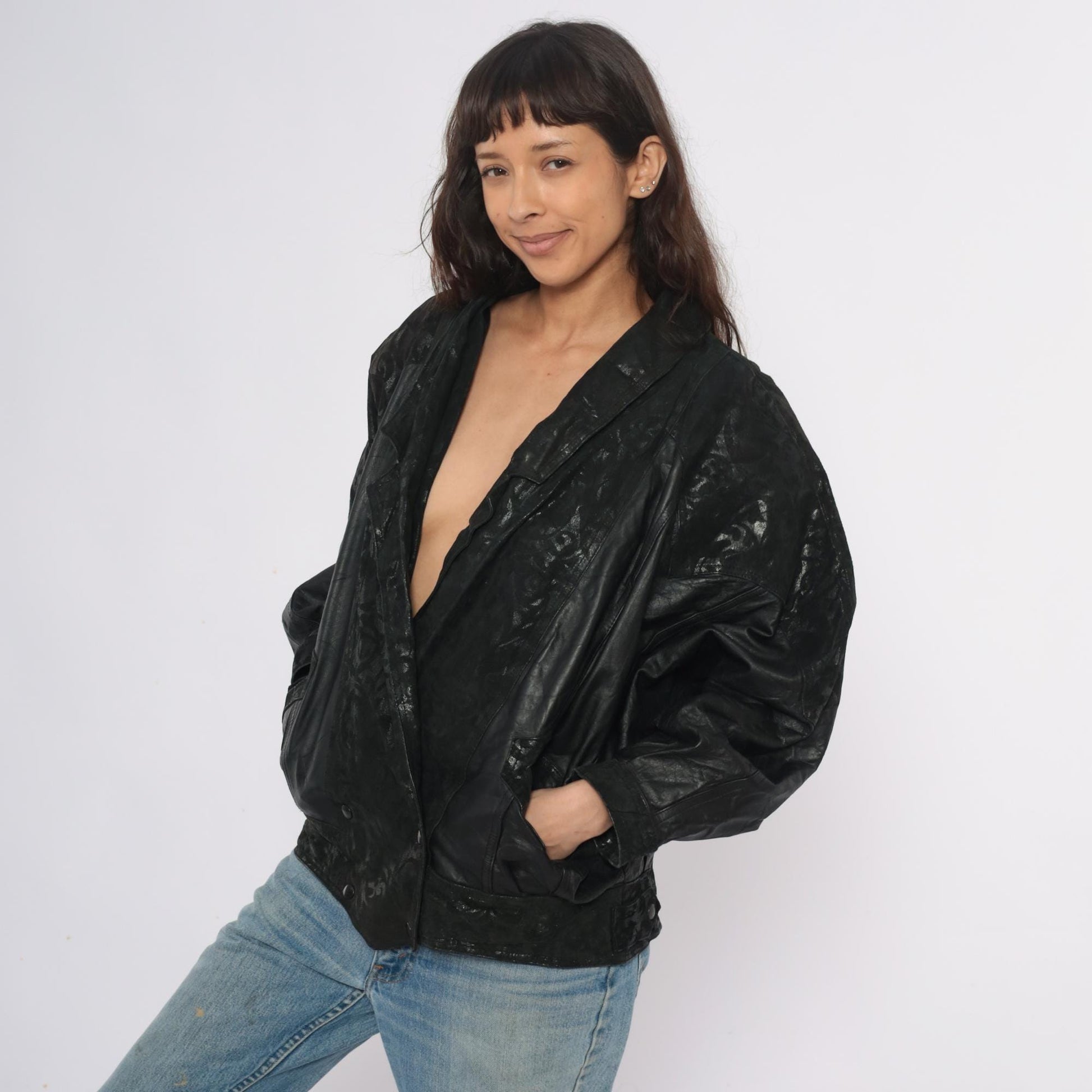 90s Black Leather Bomber Jacket Embossed Shawl Collar Medium M