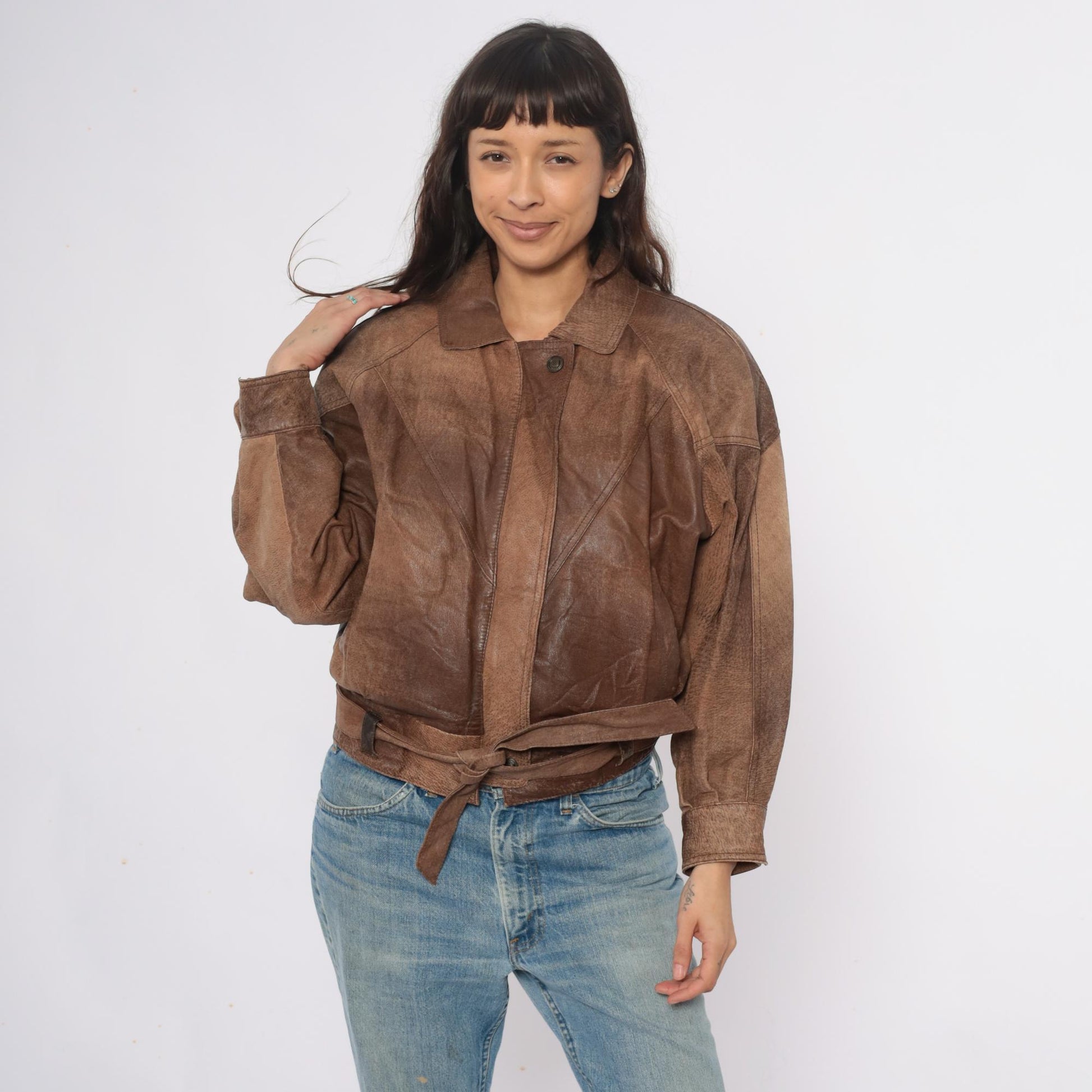 90s Adventure Bound Brown Leather Jacket Cropped Belted Small S