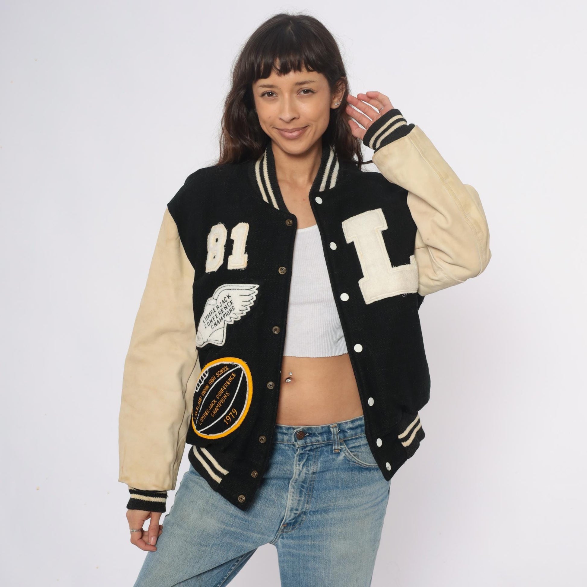 80s Golden Threads Varsity Jacket Wool Leather Black Cream Lumberjack Patches Large