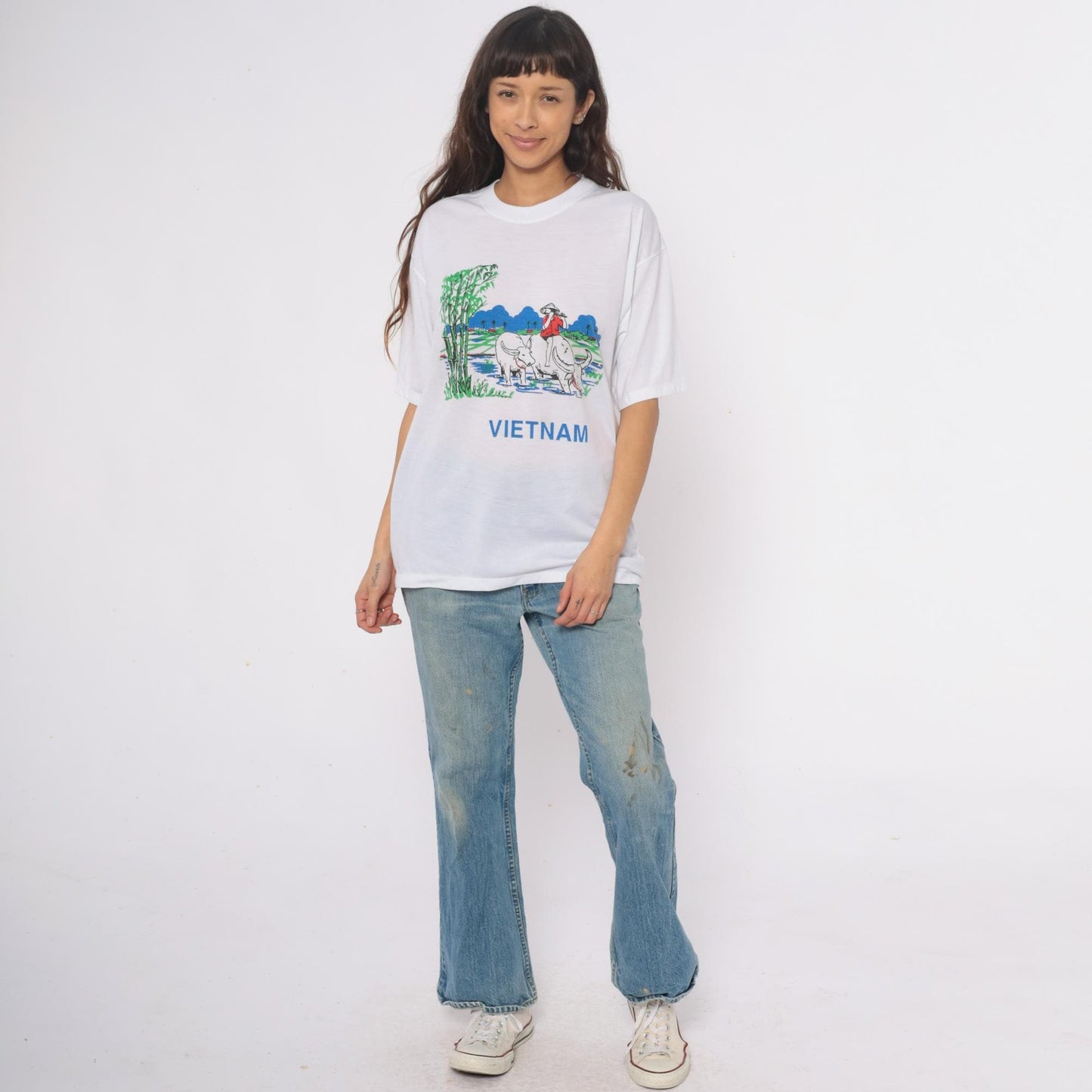 Y2K Vietnam Souvenir Graphic Tee Water Buffalo Rice Paddy White Cotton Extra Large