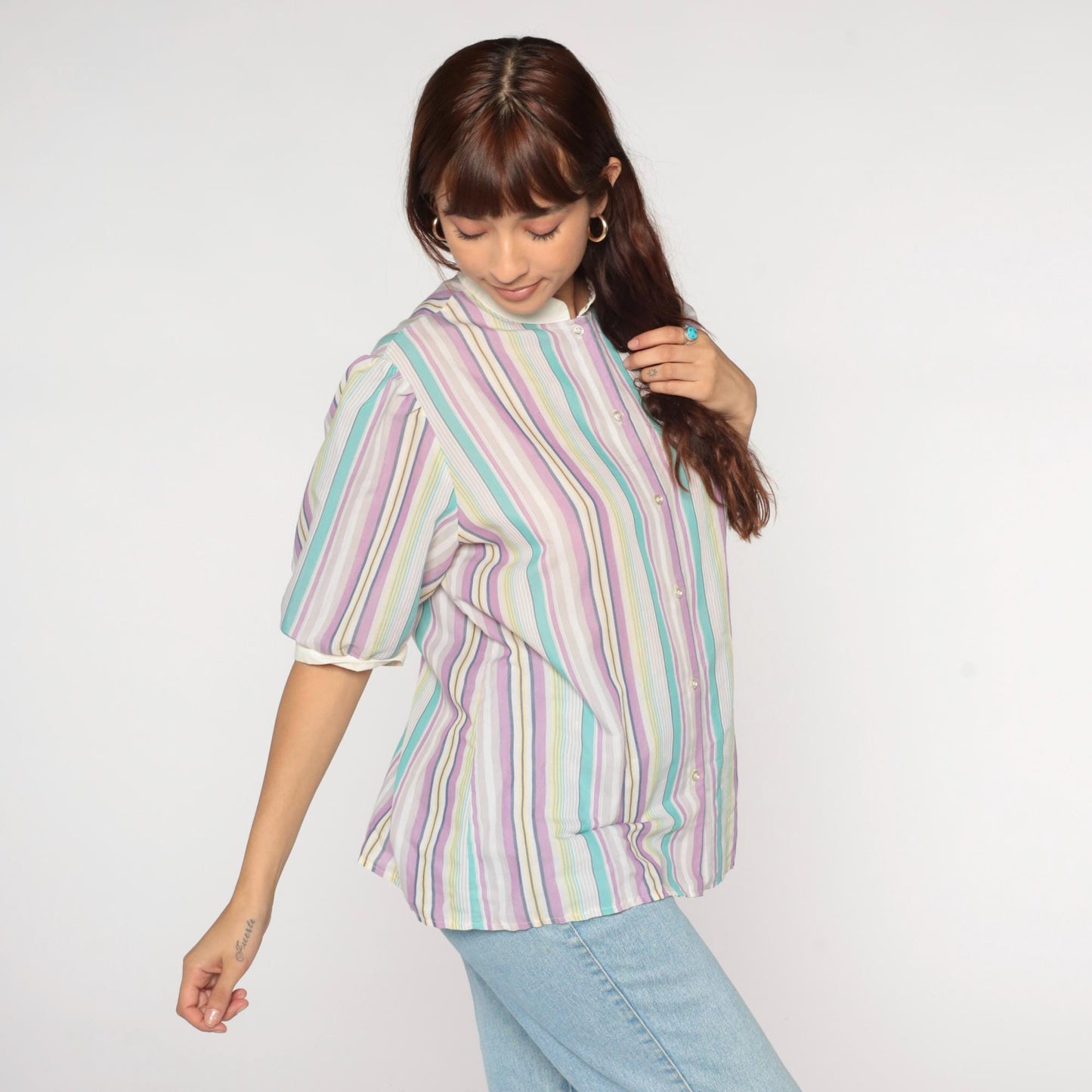 80s Koret Pastel Striped Blouse Peter Pan Collar Puff Sleeve Small
