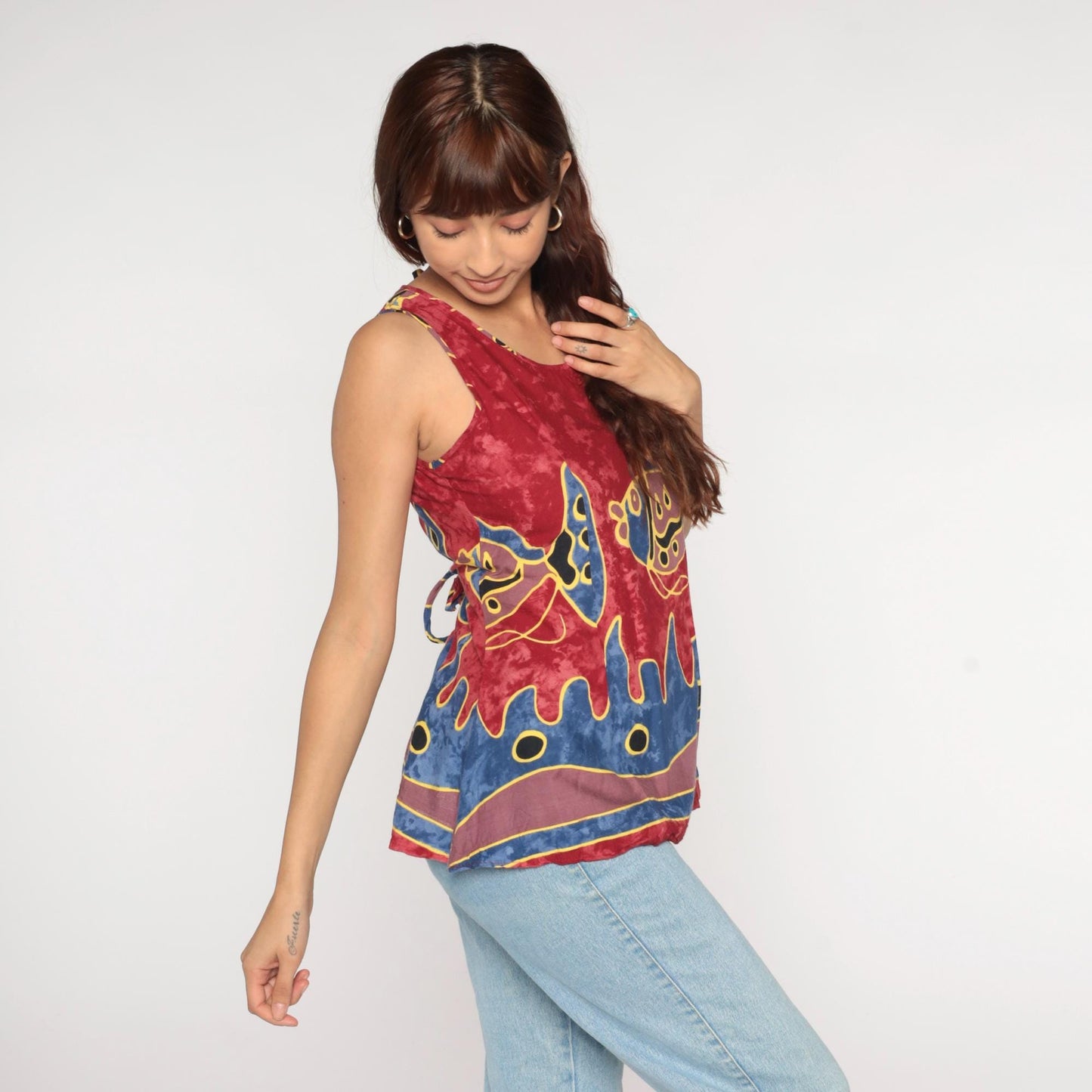Y2K Ligayas Fish Tank Top Red Tie-Dye Abstract Print Blue Yellow Small