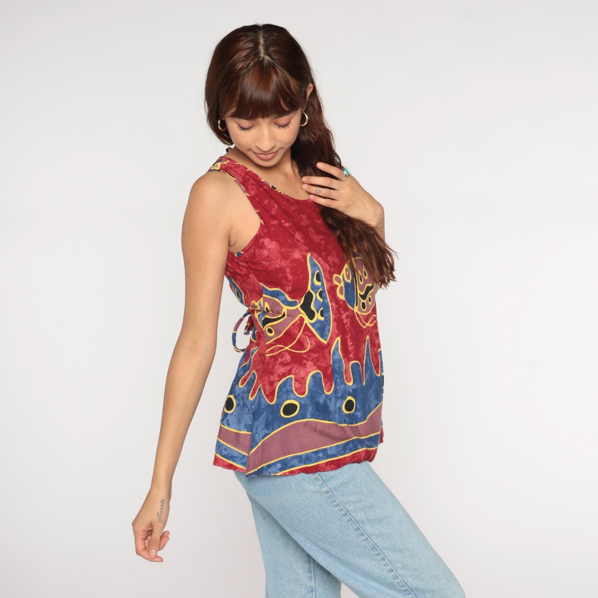 Y2K Ligayas Fish Tank Top Red Tie-Dye Abstract Print Blue Yellow Small