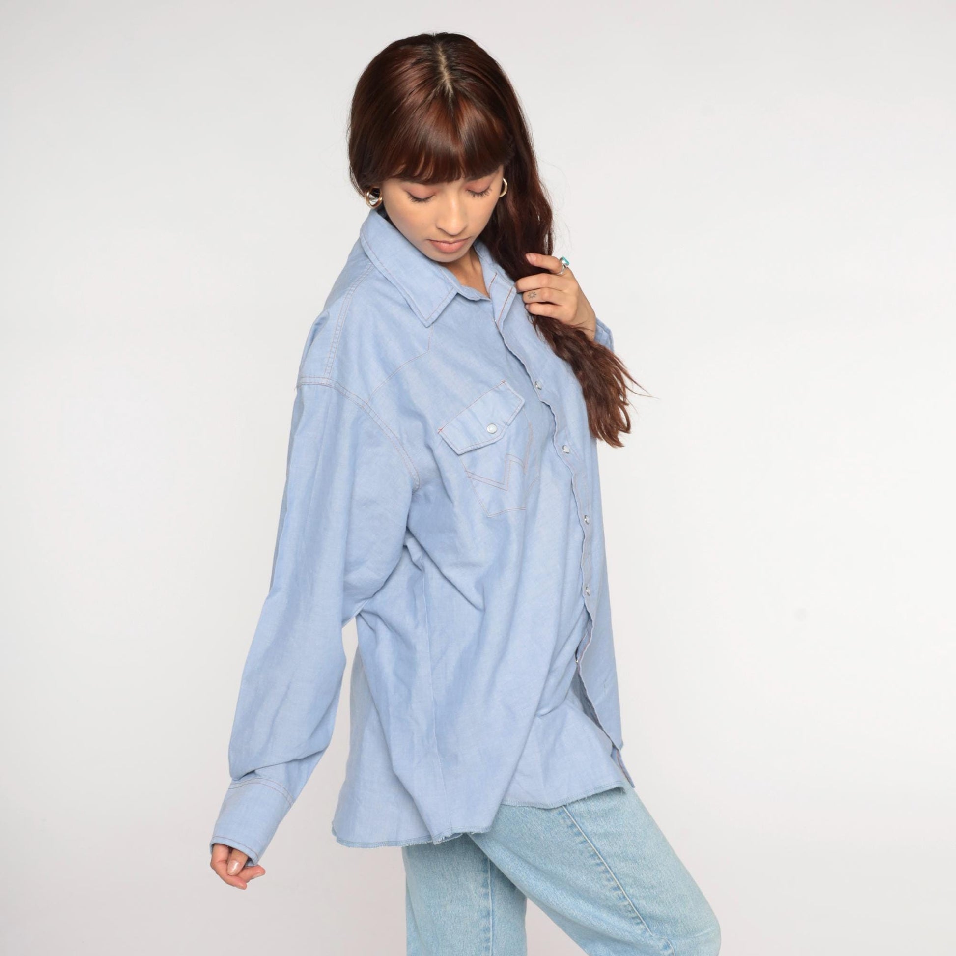 90s Wrangler Light Blue Chambray Pearl Snap Western Shirt Extra Large XXL
