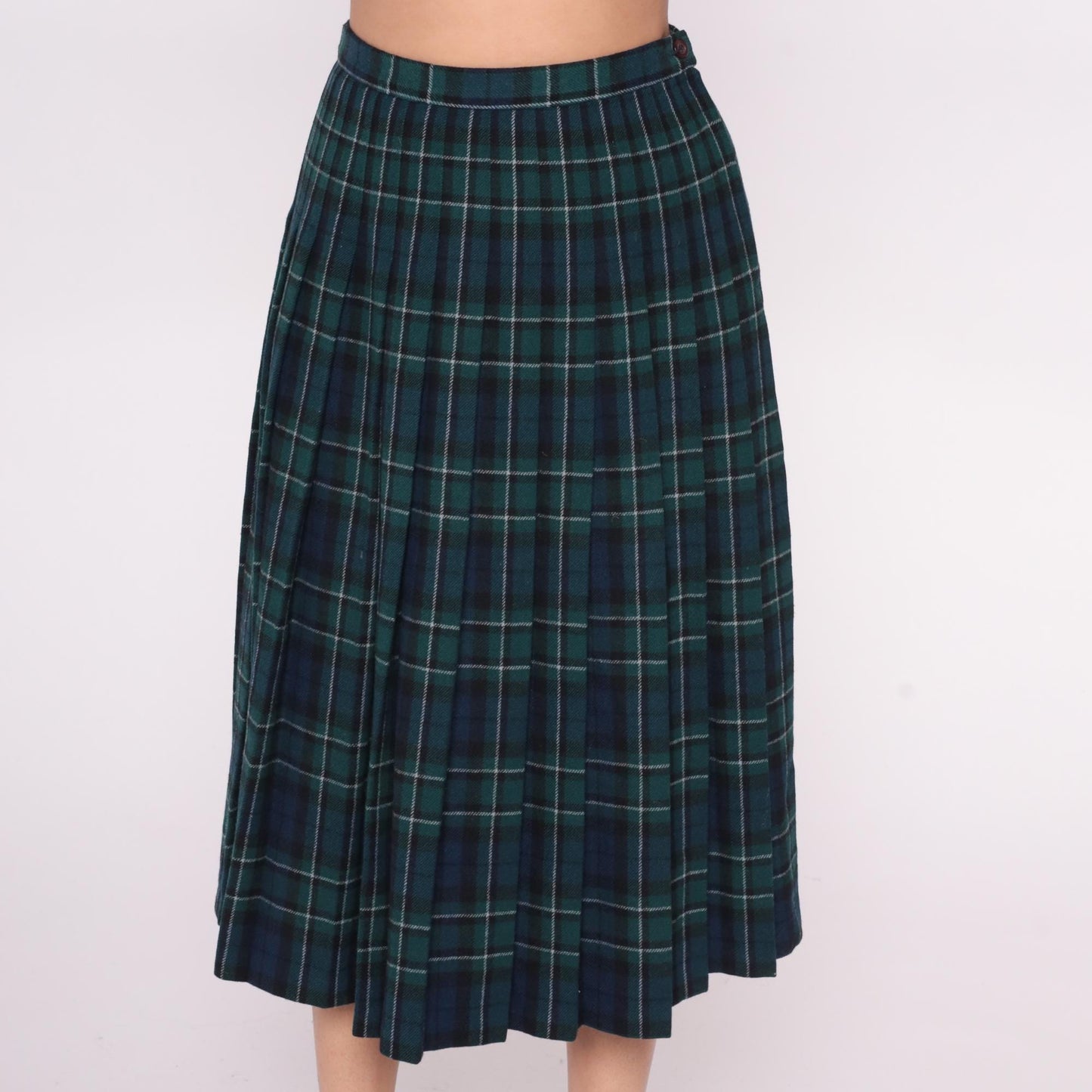 Pendleton Plaid Wool Skirt 80s Green Navy Tartan Pleated High Waist Small