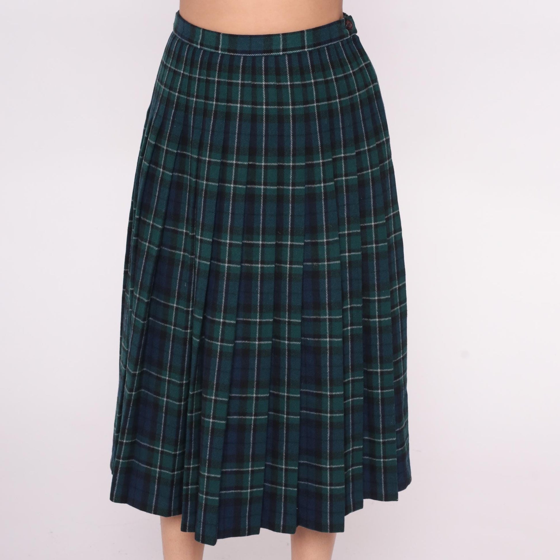 Pendleton Plaid Wool Skirt 80s Green Navy Tartan Pleated High Waist Small