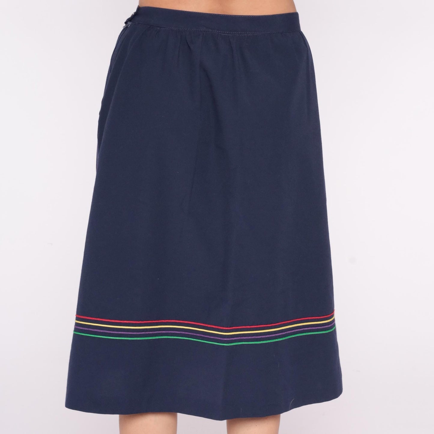 80s Navy A-Line Skirt Rainbow Striped Trim Elastic Waist Medium