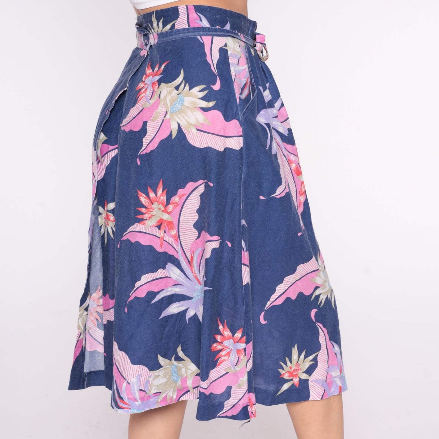 80s Sixpence Floral Wrap Skirt Navy Pink Purple Knee Length Small