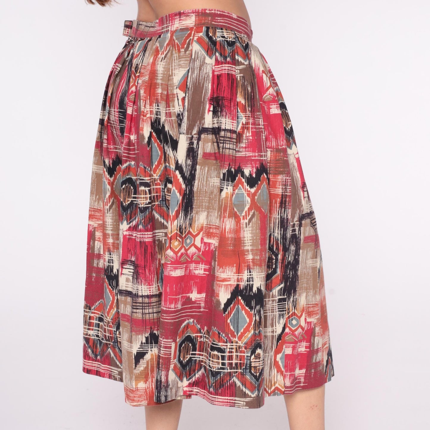 80s Southwestern Geometric Midi Skirt Red Pink Black Tan Cotton High Waist Medium