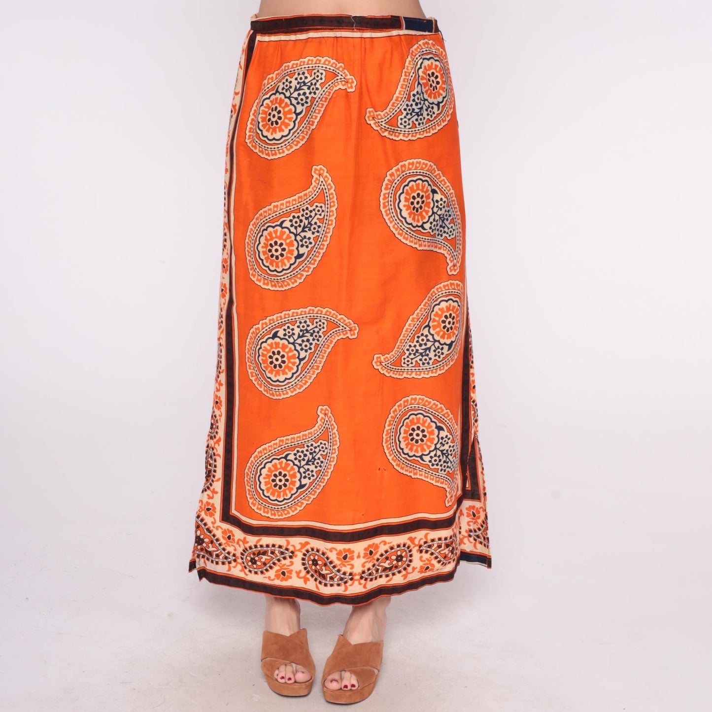 70s Orange Paisley Wrap Skirt Cream Border Print Tie Waist Large