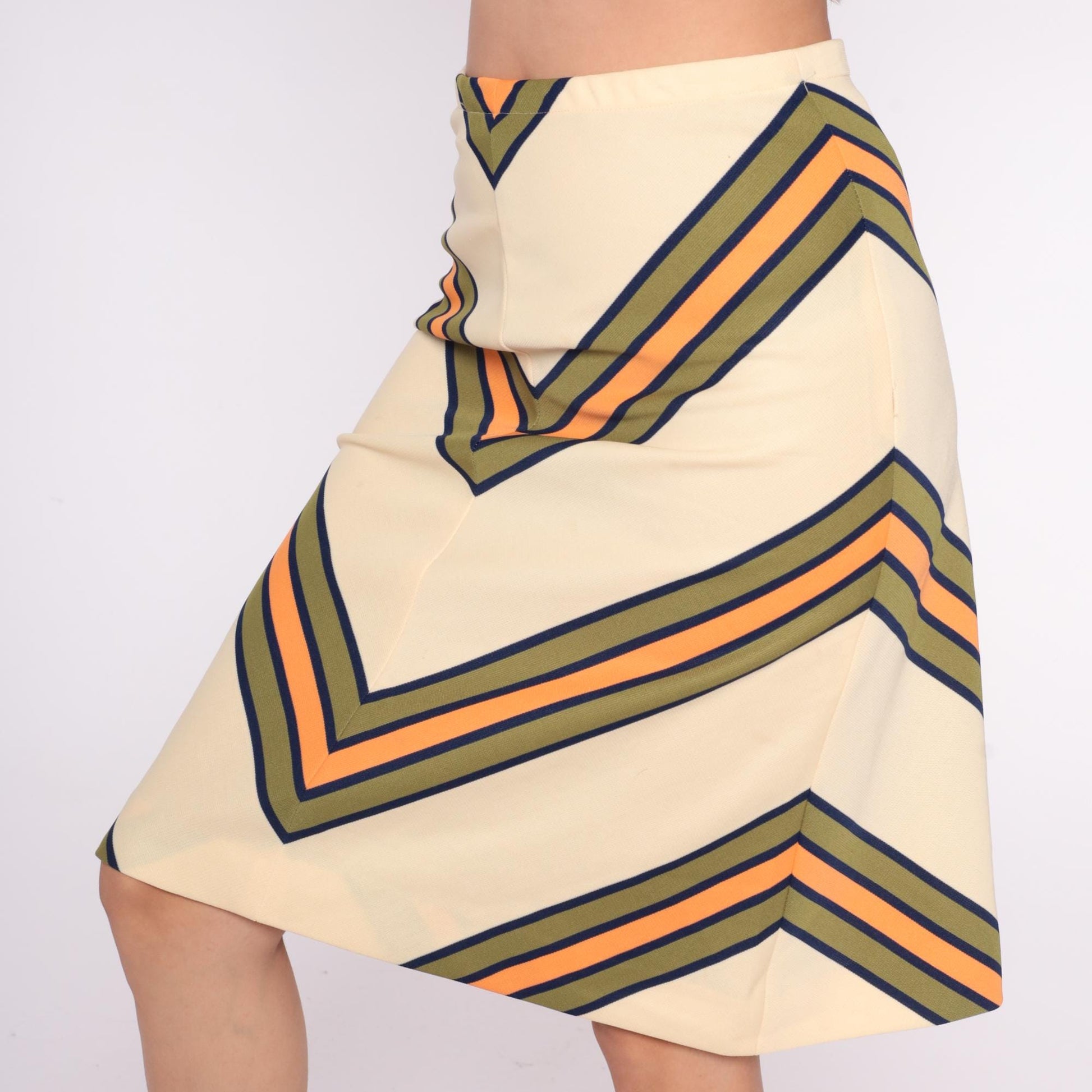 70s Chevron A-Line Skirt Cream Navy Orange Stripe Knee-Length Medium Large