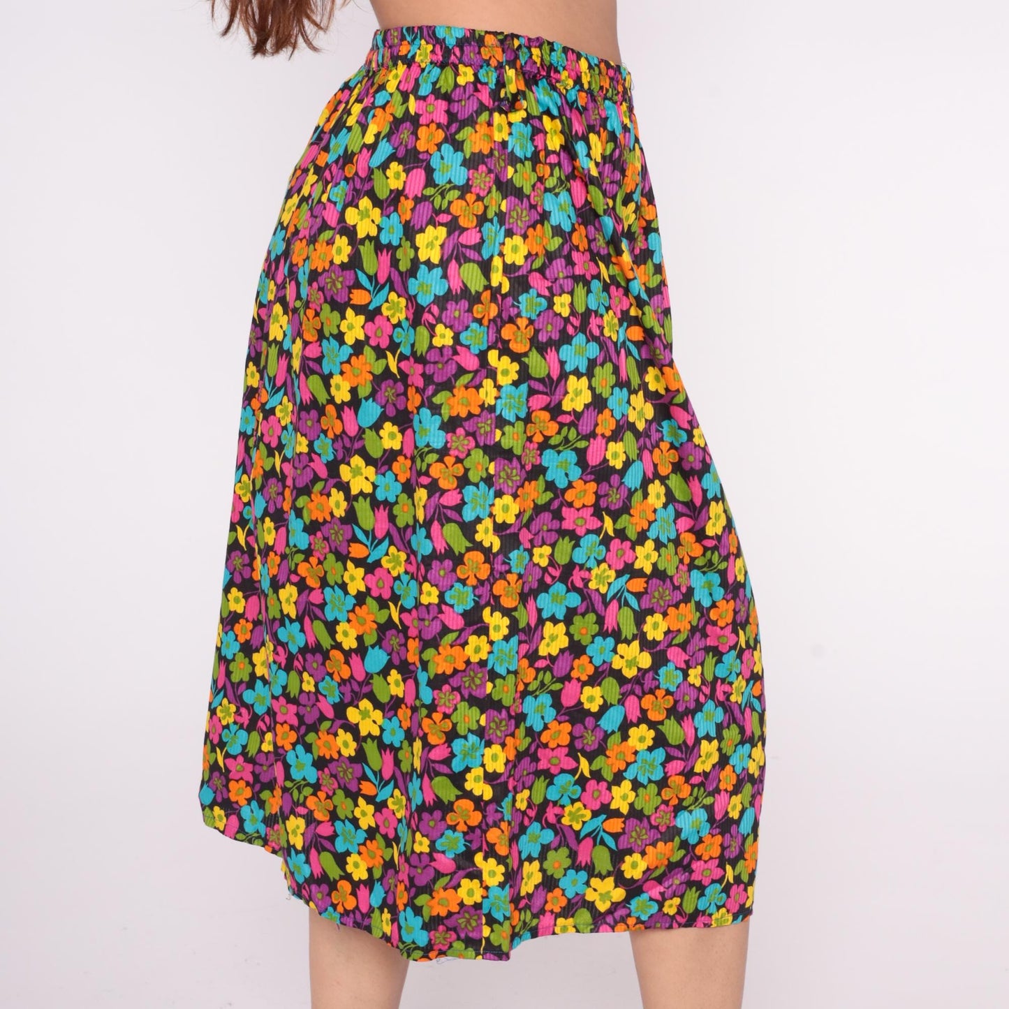 90s Black Floral A-Line Skirt Multicolor Drawstring Cotton Medium