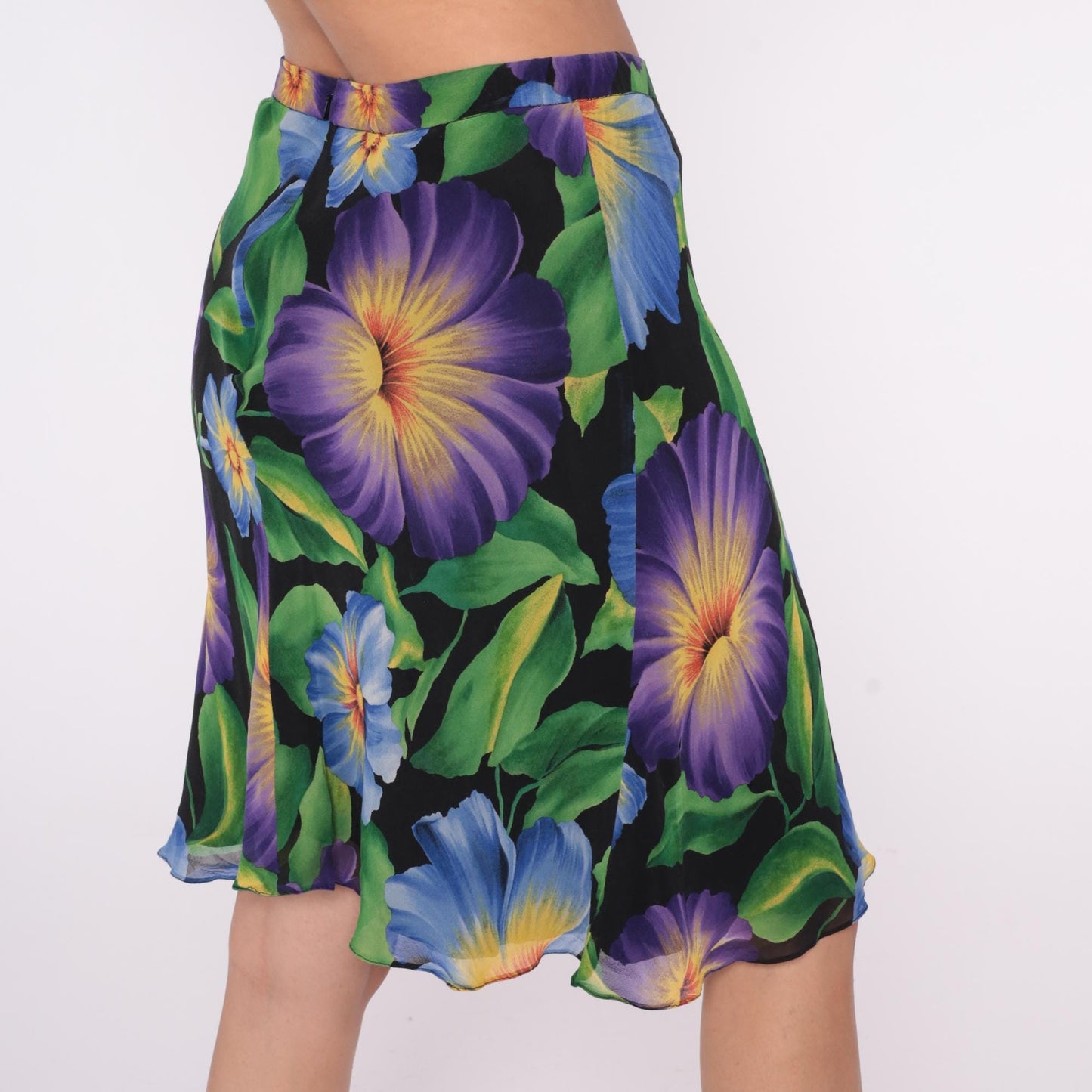 90s Liz Claiborne Silk Floral Skirt Knee-Length Black Purple Blue Medium