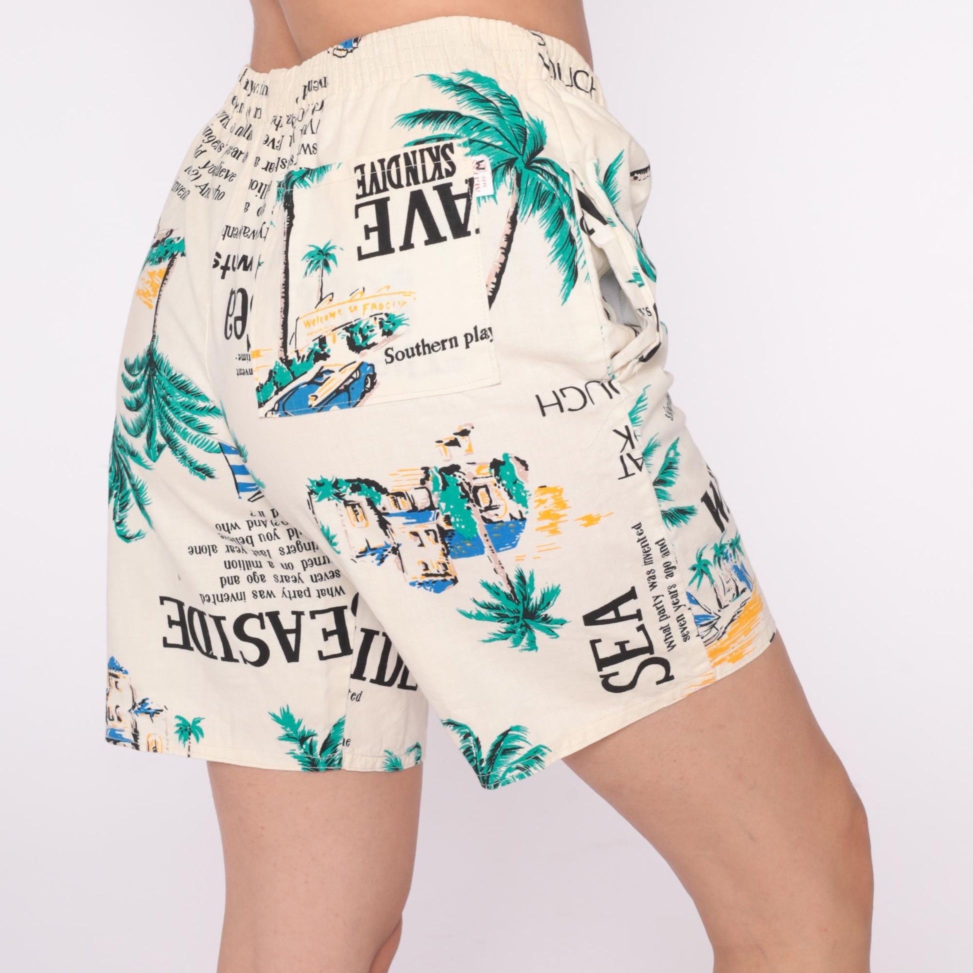 80s Tropical Palm Tree Shorts Cream Graphic Text Beach Small Medium