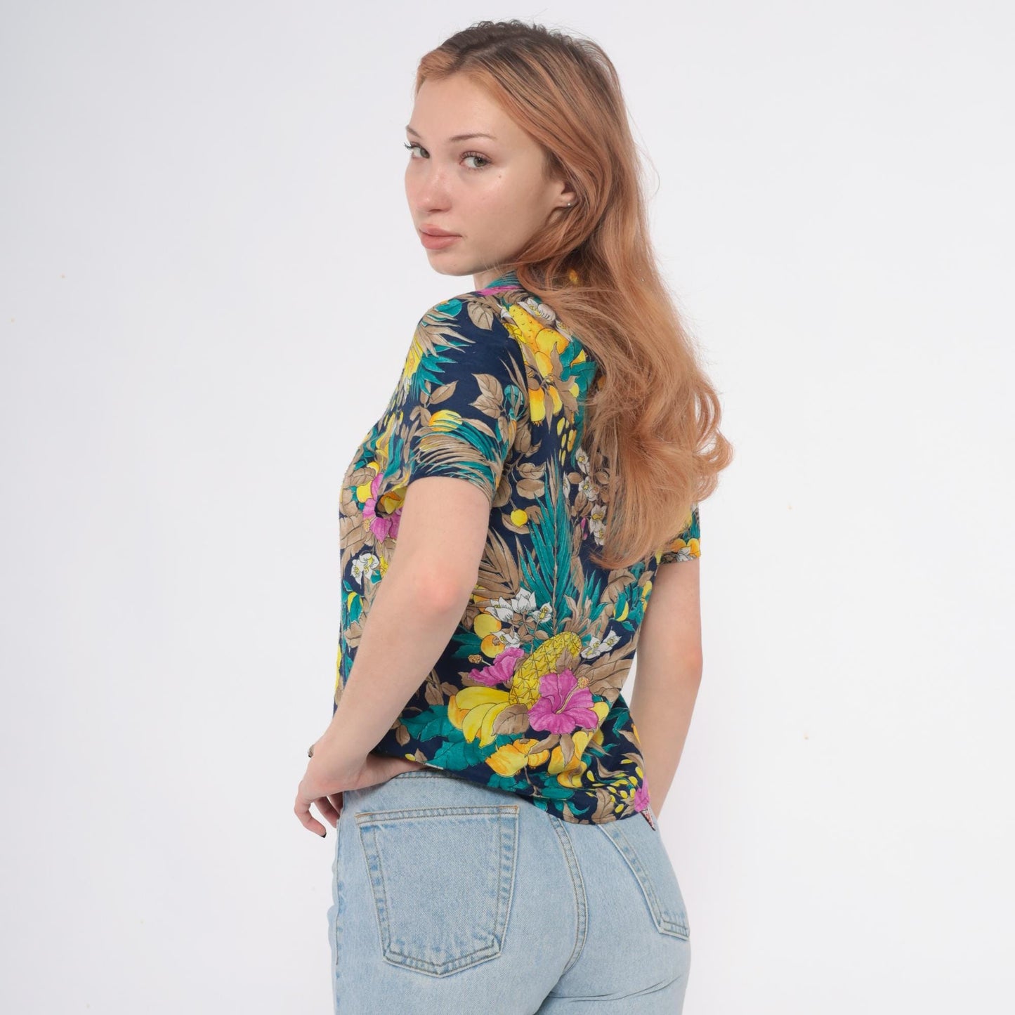 90s So What Hawaiian Shirt Navy Tropical Floral Pineapple Small