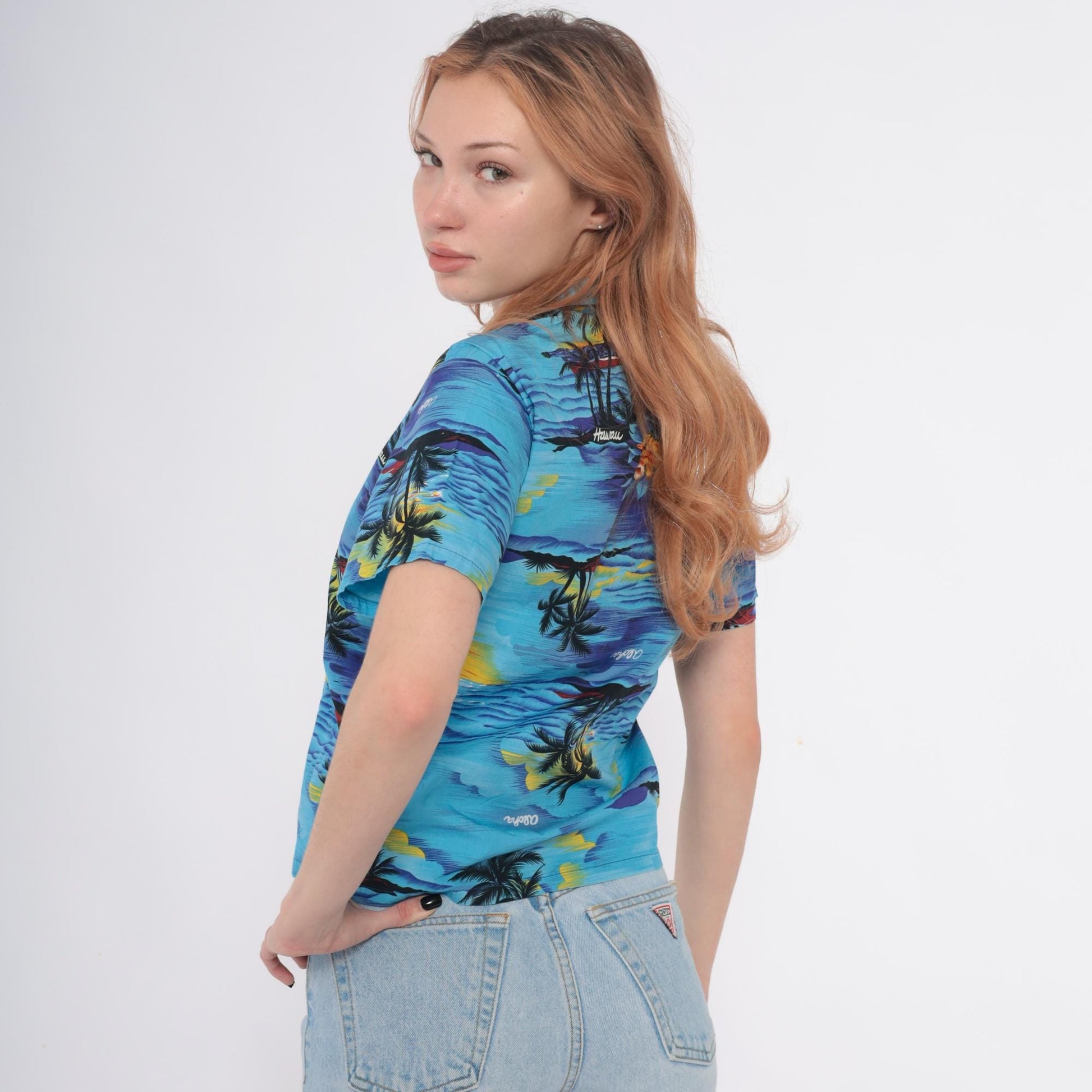 90s Royal Hawaiian Creations Tropical Shirt Turquoise Palm Tree Cotton Small S