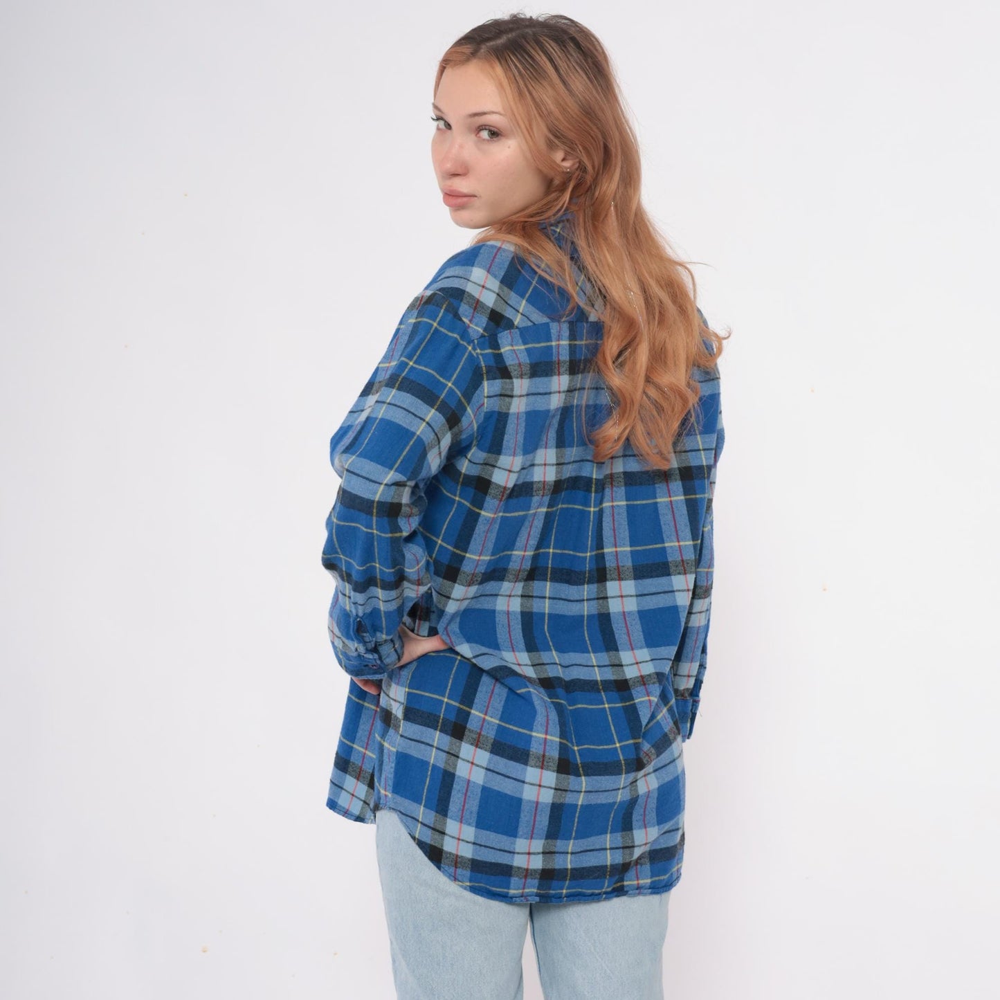 90s Timber Trail Plaid Flannel Shirt Blue Button Front Cotton Medium M