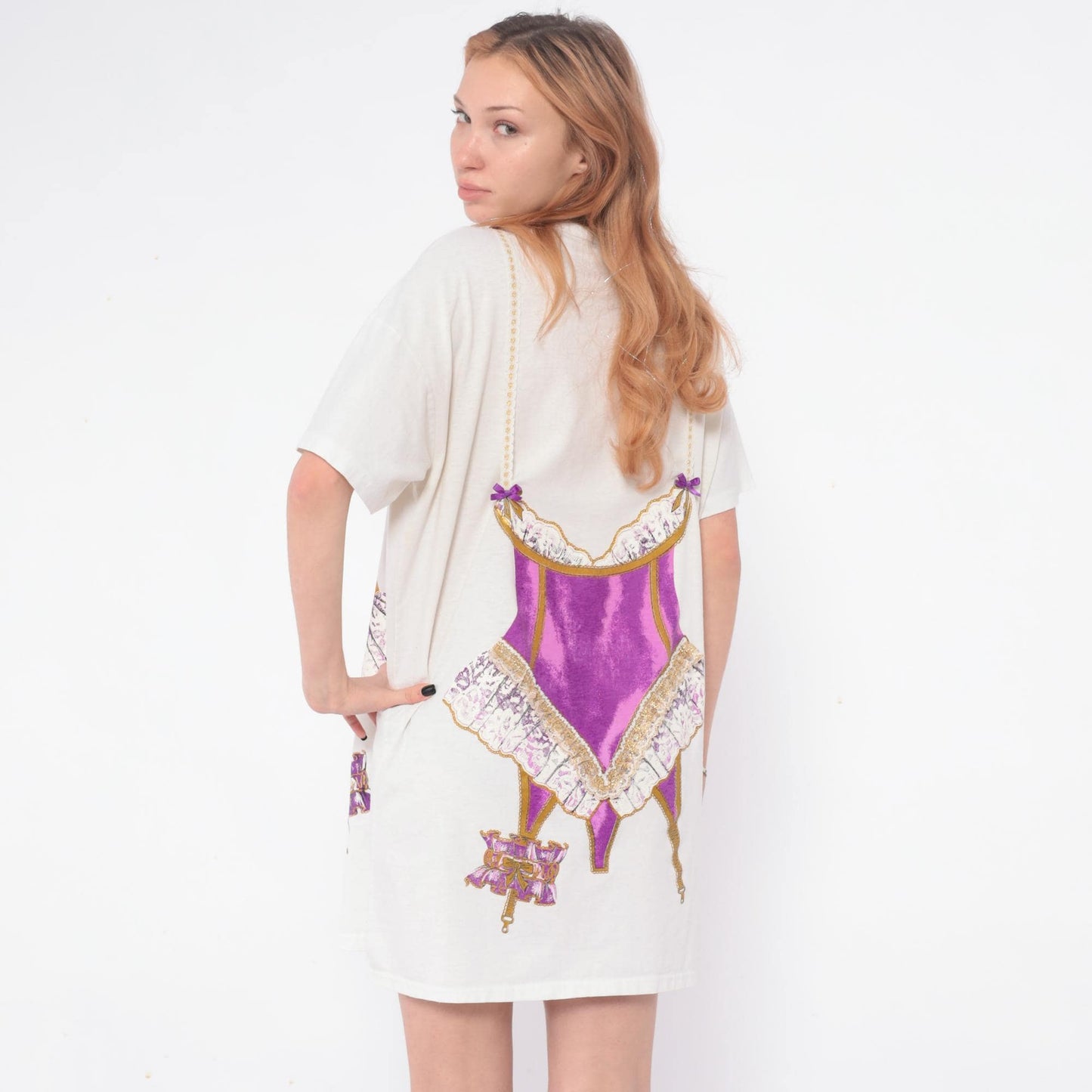 90s Heart To Heart Corset Print Nightshirt White Purple Graphic Sleep Tee One Size