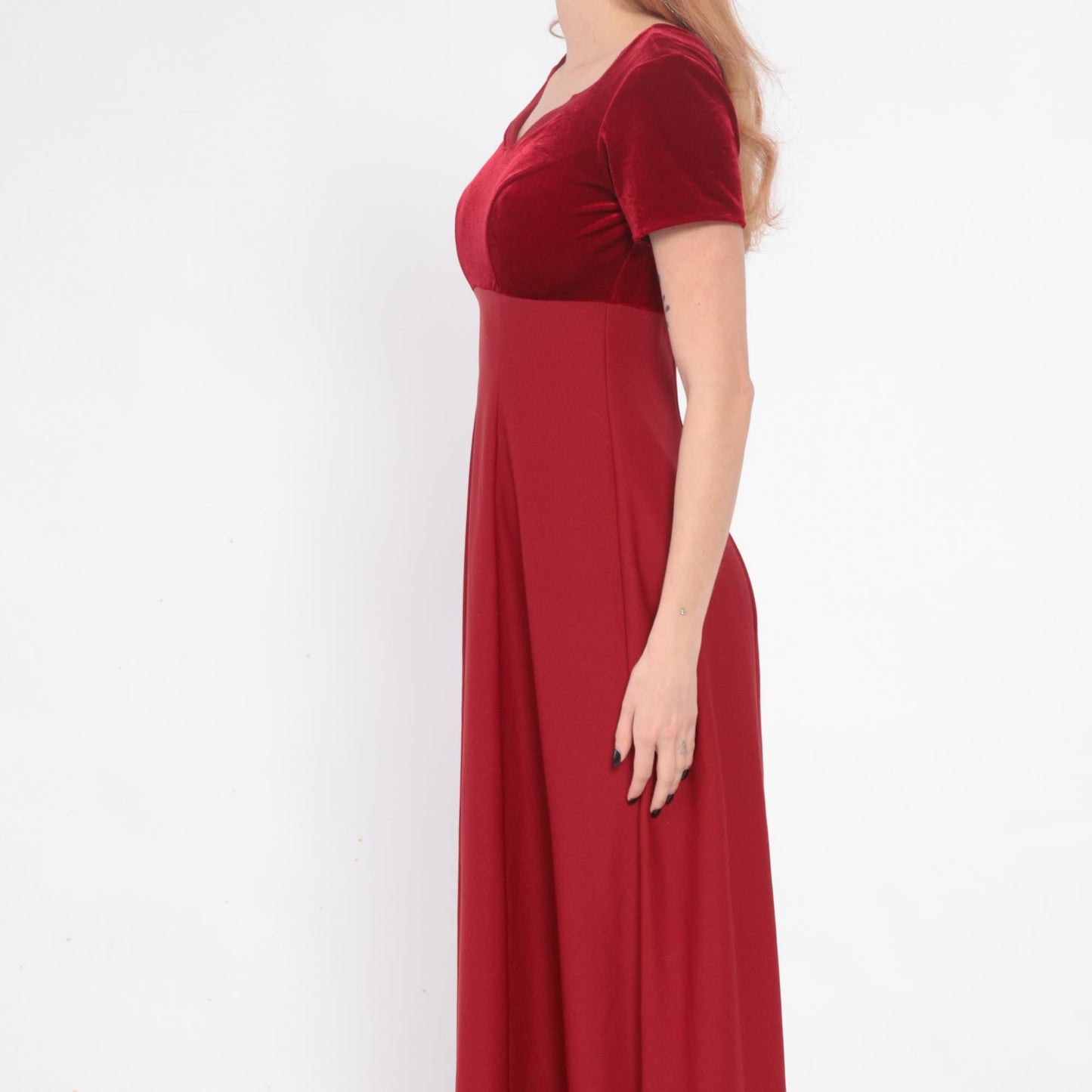 Y2K Burgundy Velvet Maxi Dress Empire Waist Color Block Small S