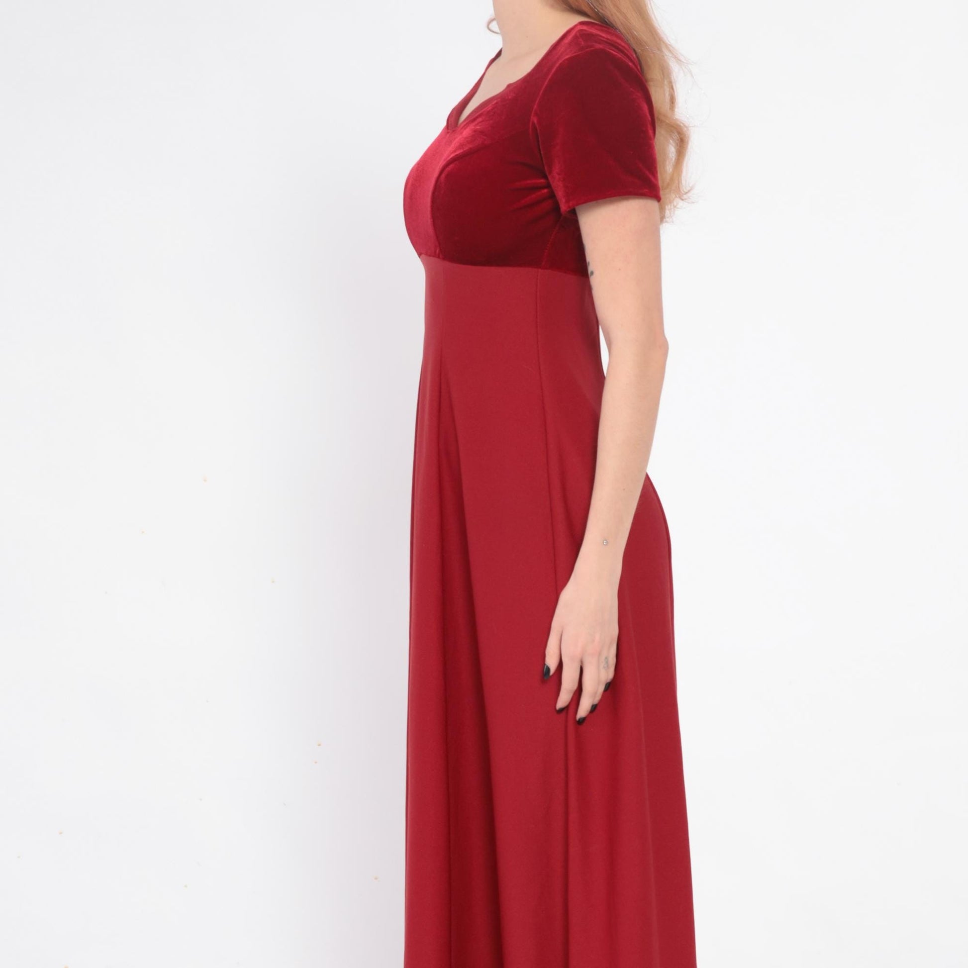 Y2K Burgundy Velvet Maxi Dress Empire Waist Color Block Small S