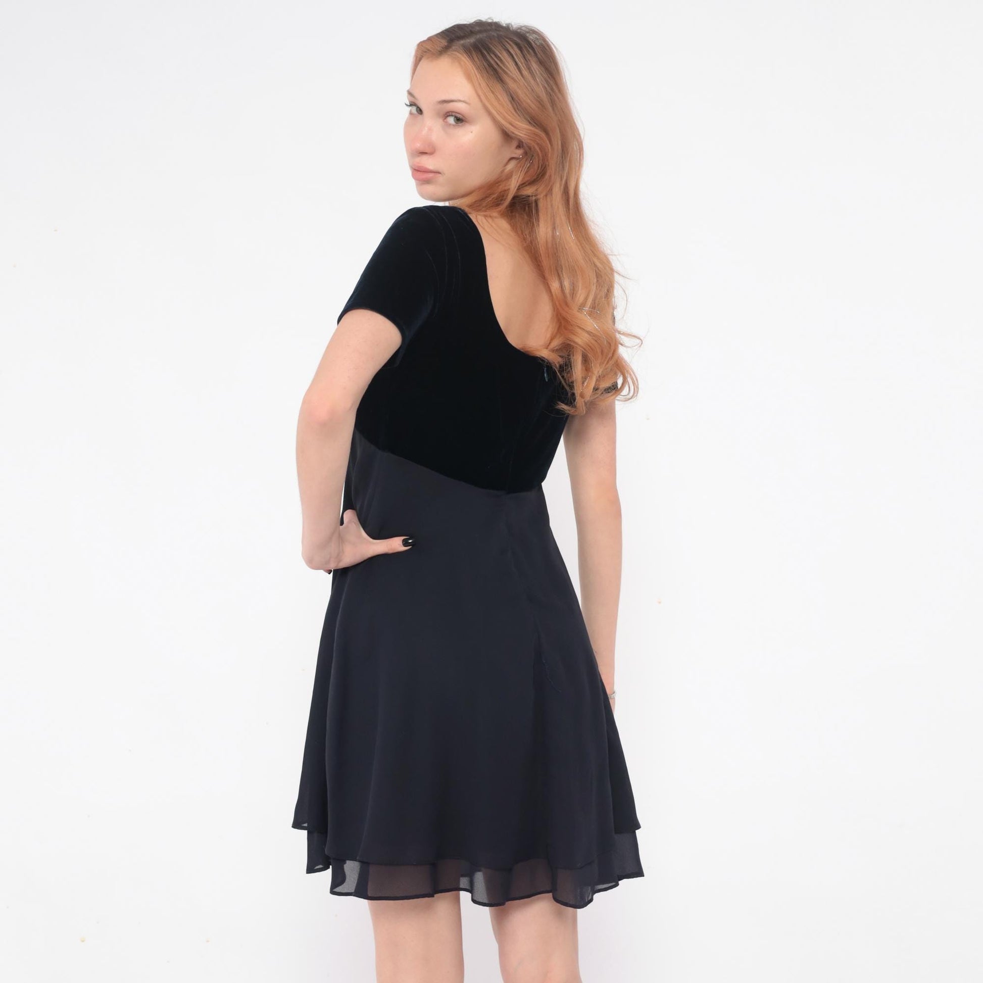 90s Dark Blue Velvet Mini Dress Empire Waist Short Sleeve Medium M