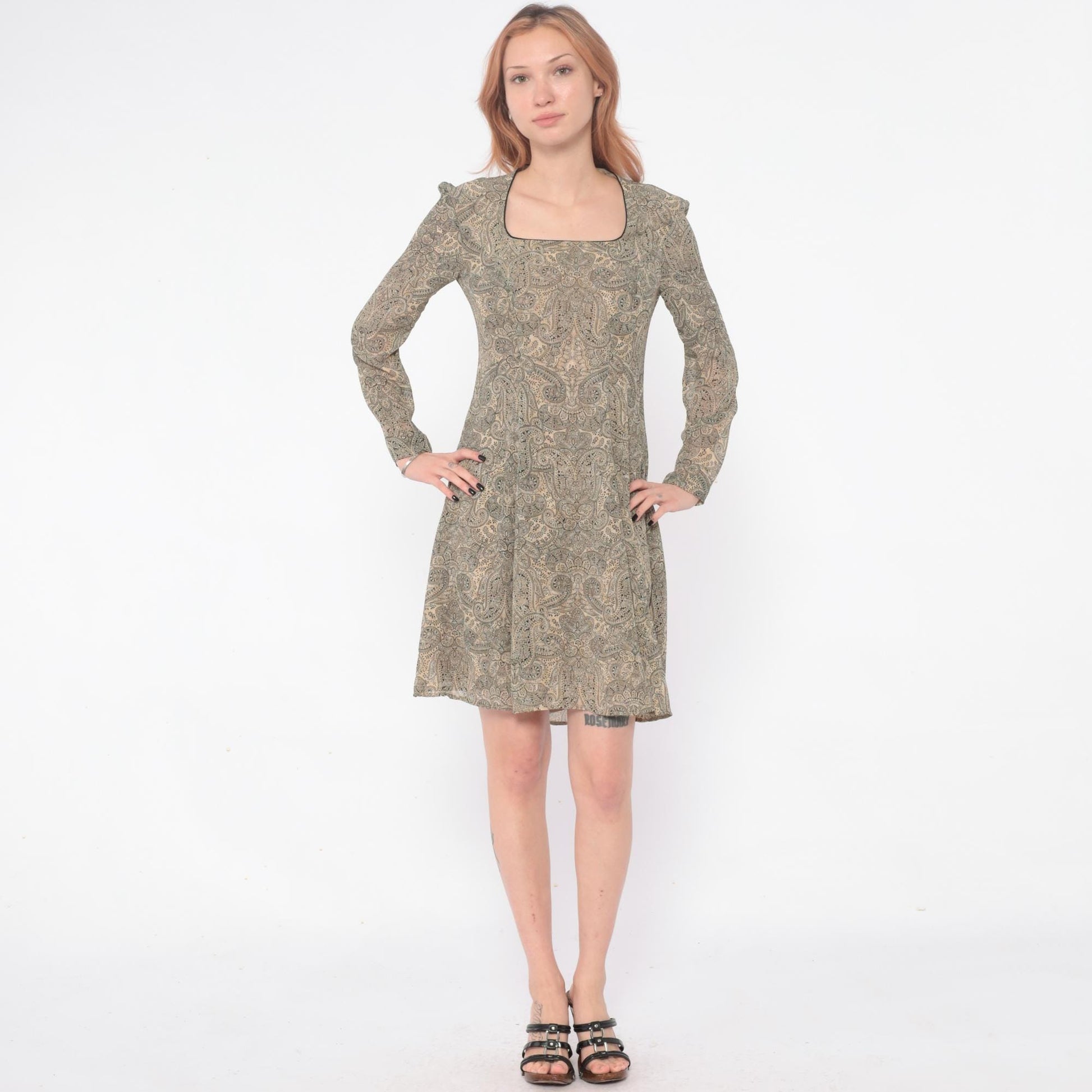 90s Liz Claiborne Paisley Midi Dress Square Neck Long Sleeve Sage Green Small