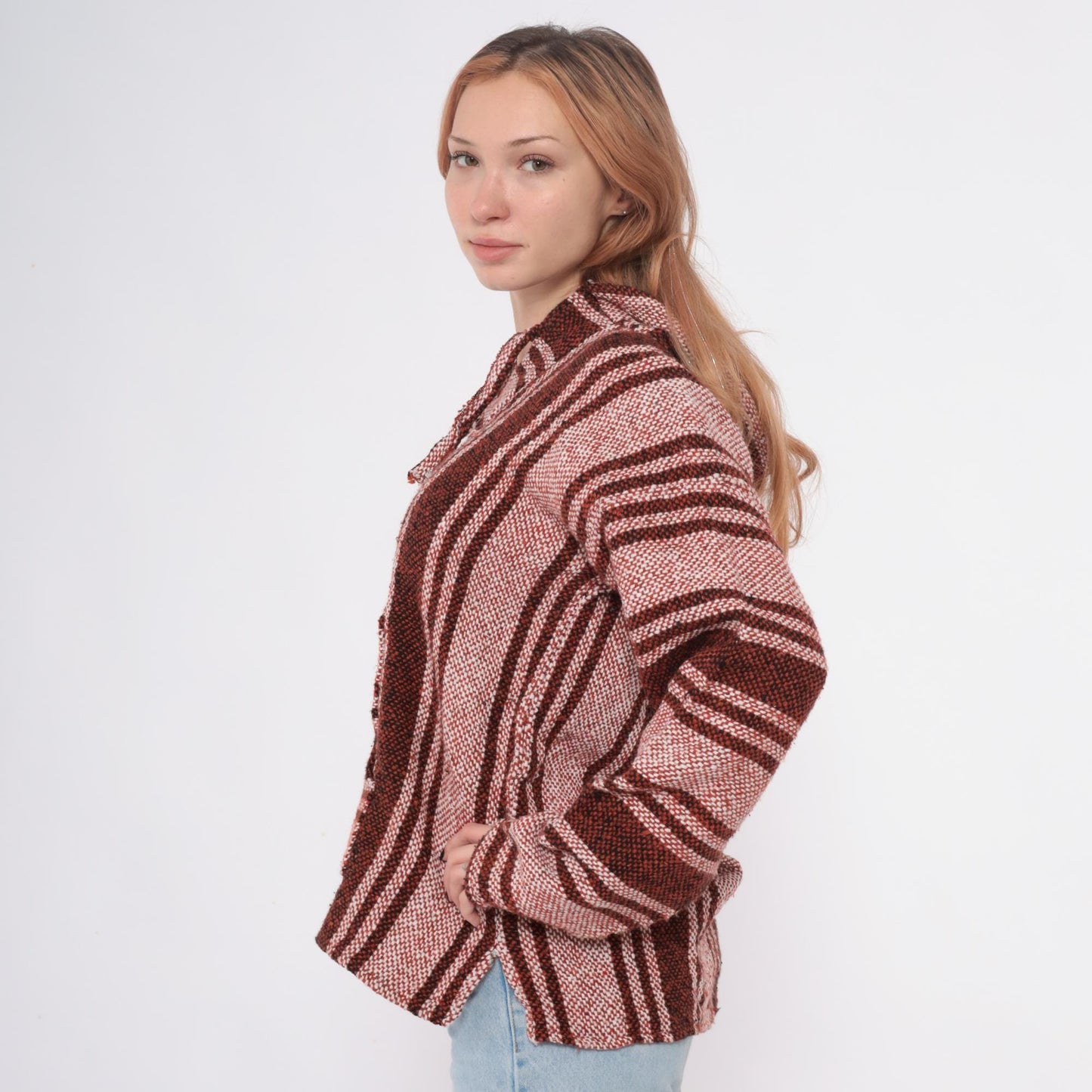 Y2K Baja Hoodie Brown Tan Striped Woven Pullover Kangaroo Pocket Medium M